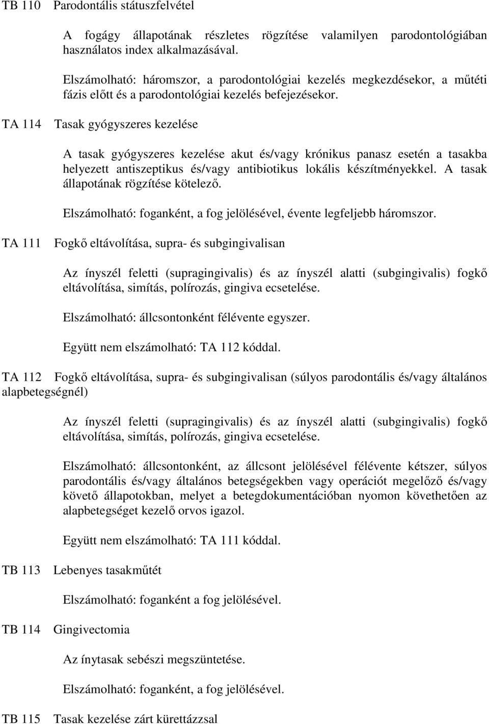 TA 114 Tasak gyógyszeres kezelése A tasak gyógyszeres kezelése akut és/vagy krónikus panasz esetén a tasakba helyezett antiszeptikus és/vagy antibiotikus lokális készítményekkel.