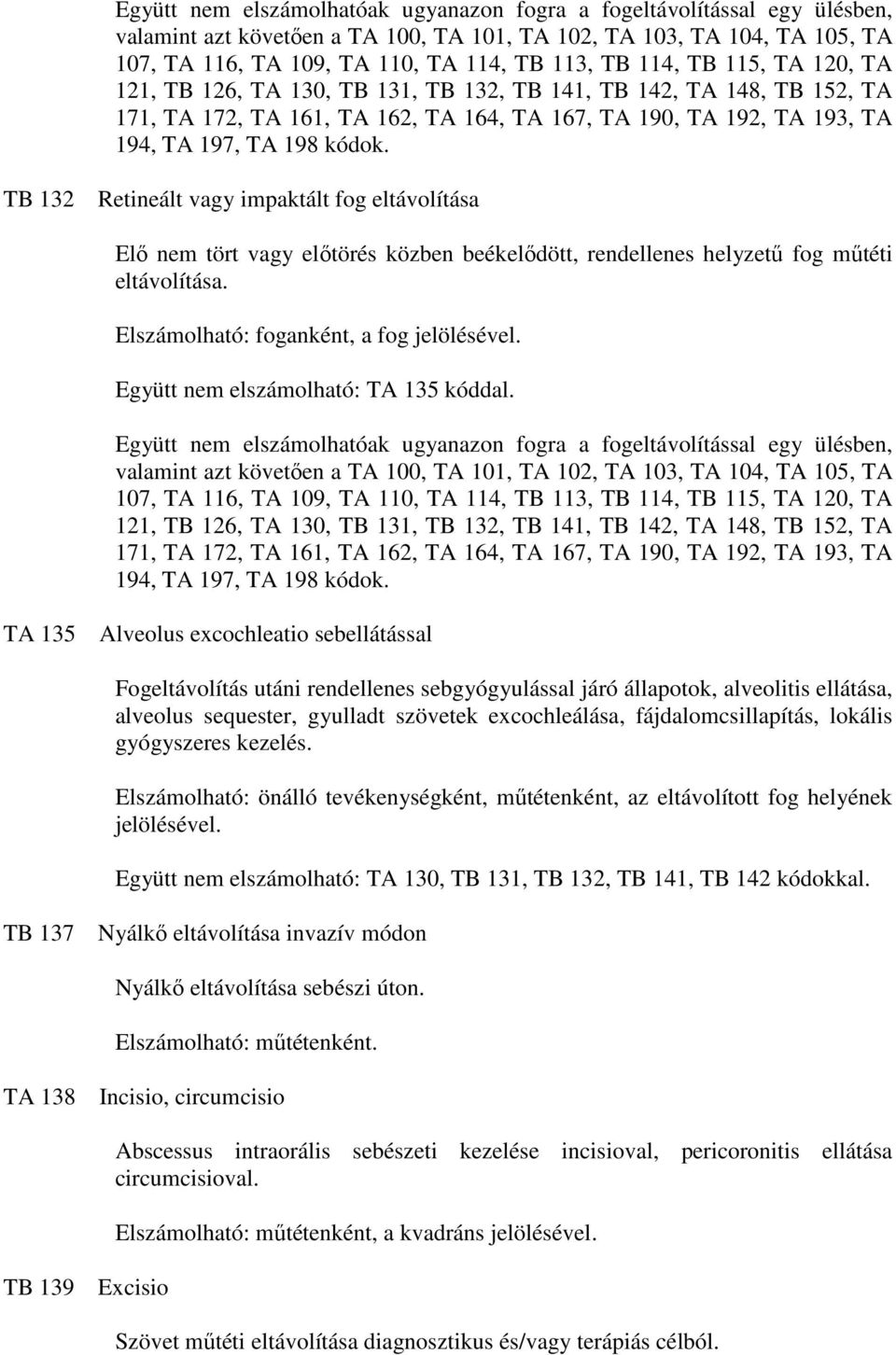 TB 132 Retineált vagy impaktált fog eltávolítása Elı nem tört vagy elıtörés közben beékelıdött, rendellenes helyzető fog mőtéti eltávolítása. Elszámolható: foganként, a fog jelölésével.