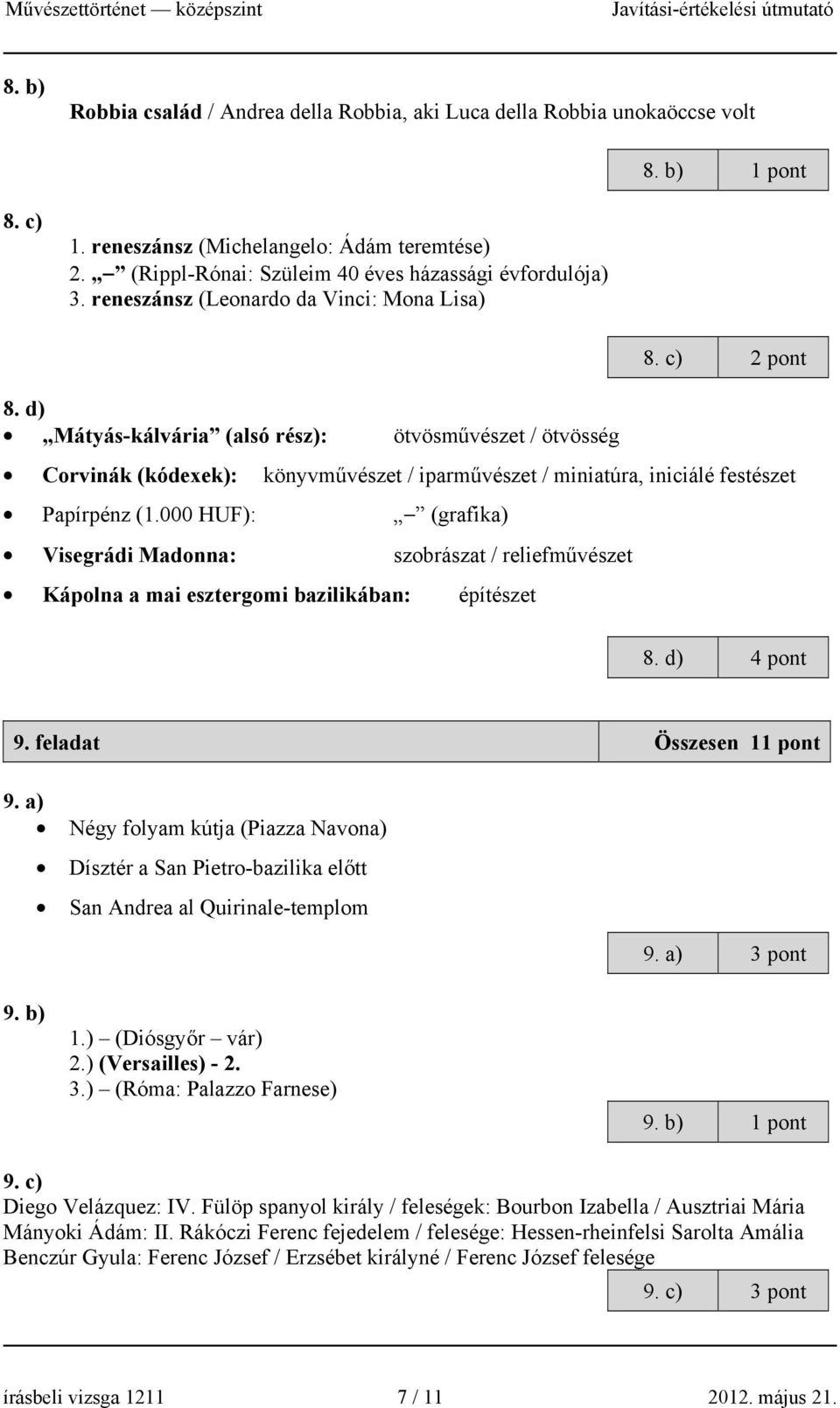 d) Mátyás-kálvária (alsó rész): ötvösművészet / ötvösség Corvinák (kódexek): könyvművészet / iparművészet / miniatúra, iniciálé festészet Papírpénz (1.