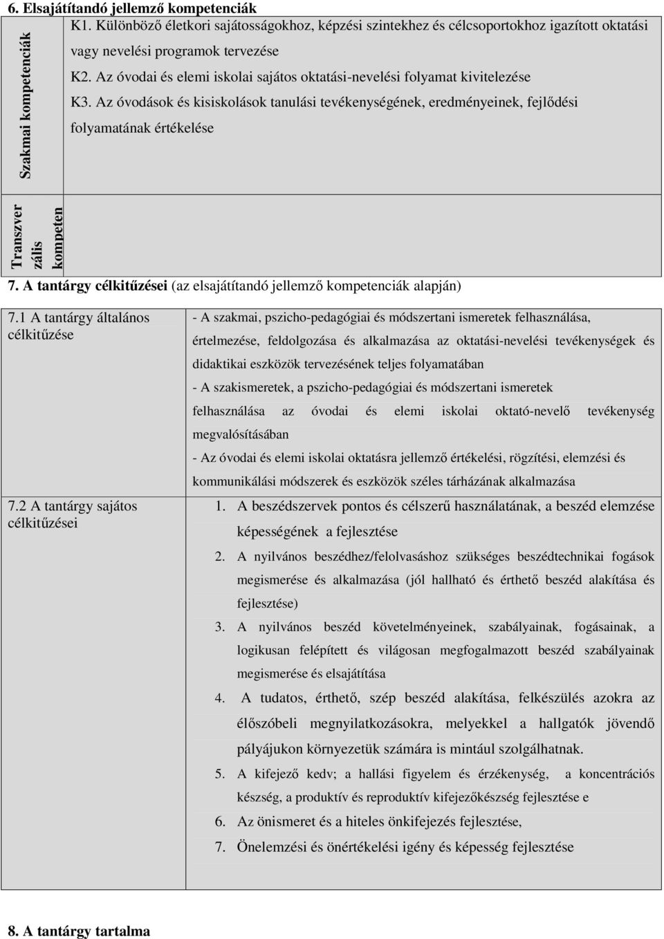 Az óvodások és kisiskolások tanulási tevékenységének, eredményeinek, fejlődési folyamatának értékelése Transzver zális kompeten 7.