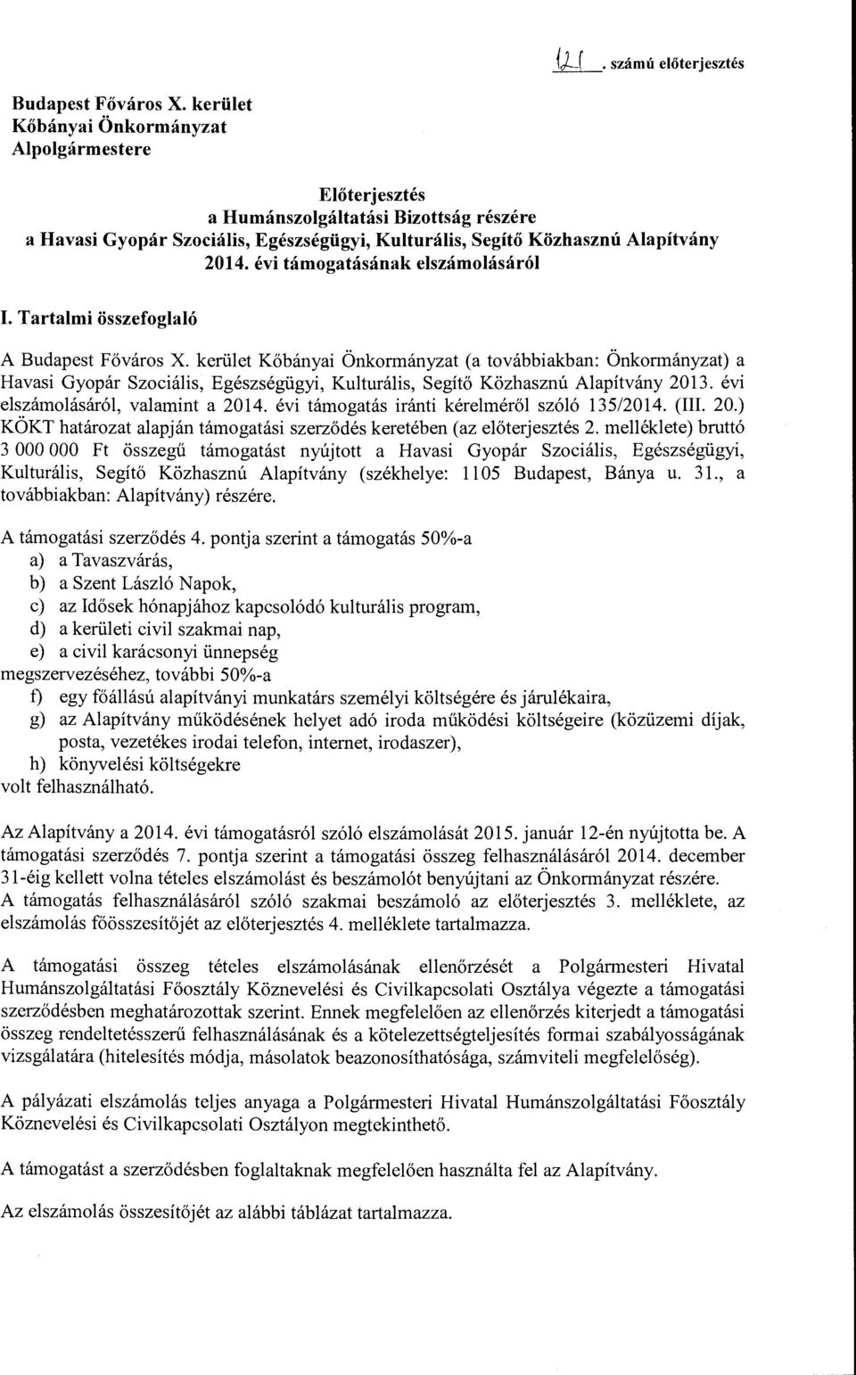 Kuturáis, Segítő Közhaszn ú Aapítvány 2013 évi eszárnoásáró, vaarnint a 2014 évi támogatás iránti kéremérő szóó 135/2014 (III 20) KÖKT határozat aapján támogatási szerződés keretében (az eőterjesztés