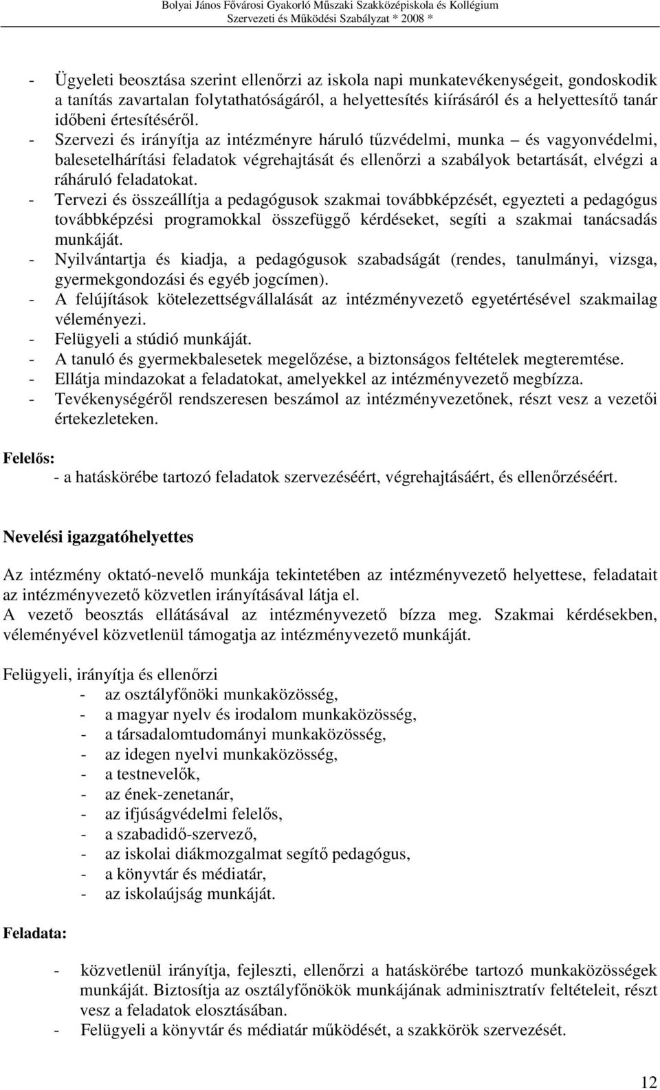 - Szervezi és irányítja az intézményre háruló tőzvédelmi, munka és vagyonvédelmi, balesetelhárítási feladatok végrehajtását és ellenırzi a szabályok betartását, elvégzi a ráháruló feladatokat.