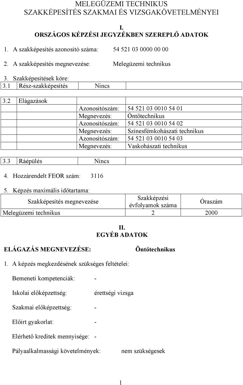 2 Elágazások zonosítószám: 54 521 03 0010 54 01 Megnevezés: Öntőtechnikus zonosítószám: 54 521 03 0010 54 02 Megnevezés: Színesfémkohászati technikus zonosítószám: 54 521 03 0010 54 03 Megnevezés: