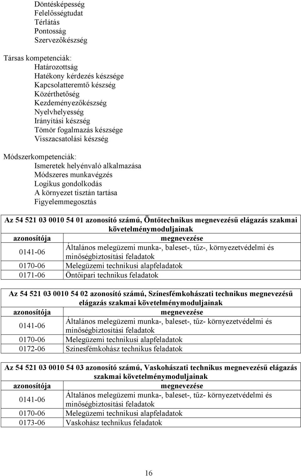 tartása Figyelemmegosztás z 54 521 03 0010 54 01 azonosító számú, Öntőtechnikus megnevezésű elágazás szakmai követelménymoduljainak azonosítója megnevezése 0141-06 Általános melegüzemi munka-,