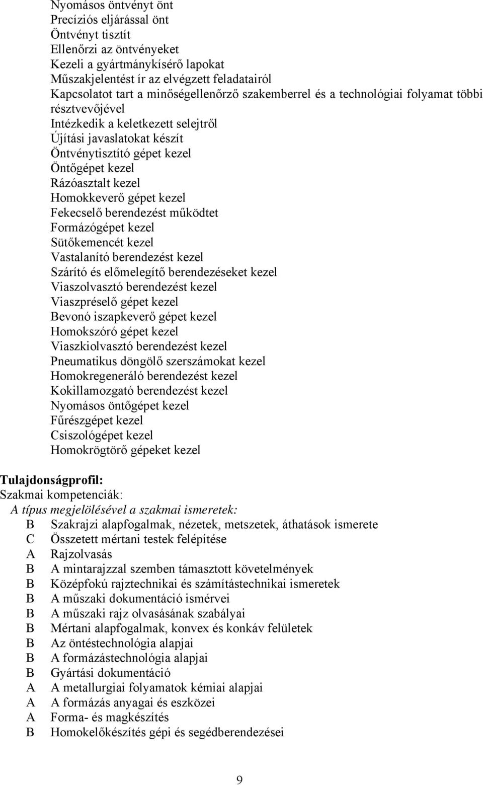 kezel Homokkeverő gépet kezel Fekecselő berendezést működtet Formázógépet kezel Sütőkemencét kezel Vastalanító berendezést kezel Szárító és előmelegítő berendezéseket kezel Viaszolvasztó berendezést