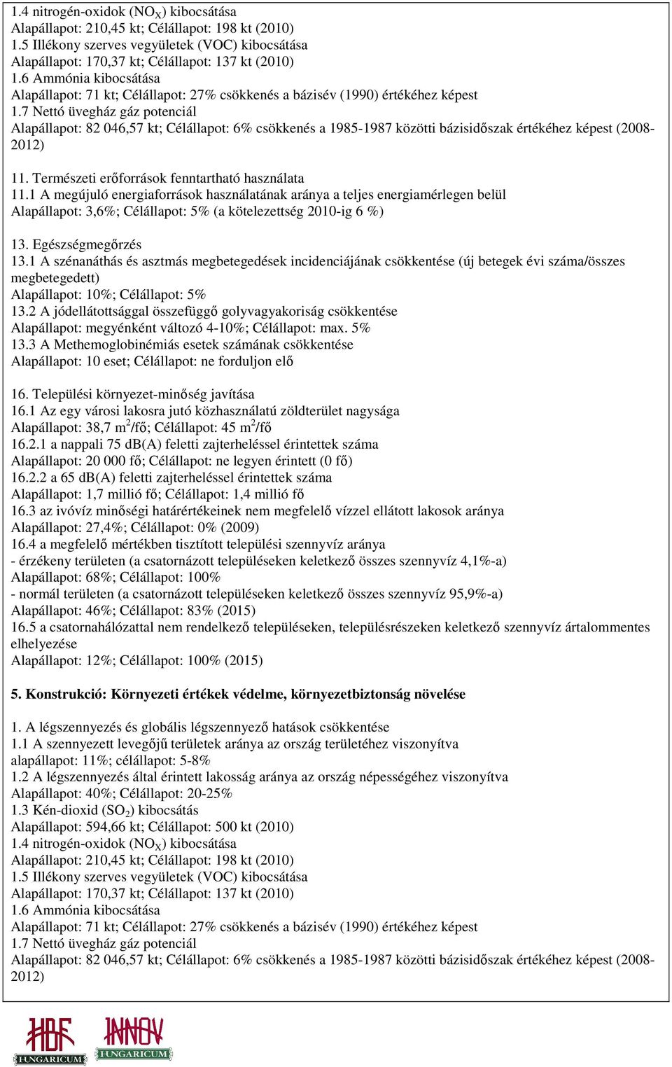 7 Nettó üvegház gáz potenciál Alapállapot: 82 046,57 kt; Célállapot: 6% csökkenés a 1985-1987 közötti bázisidıszak értékéhez képest (2008-2012) 11. Természeti erıforrások fenntartható használata 11.