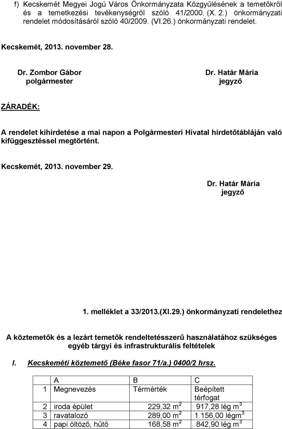 Határ Mária jegyző ZÁRADÉK: A rendelet kihirdetése a mai napon a Polgármesteri Hivatal hirdetőtábláján való kifüggesztéssel megtörtént. Kecskemét, 2013. november 29. Dr. Határ Mária jegyző 1.