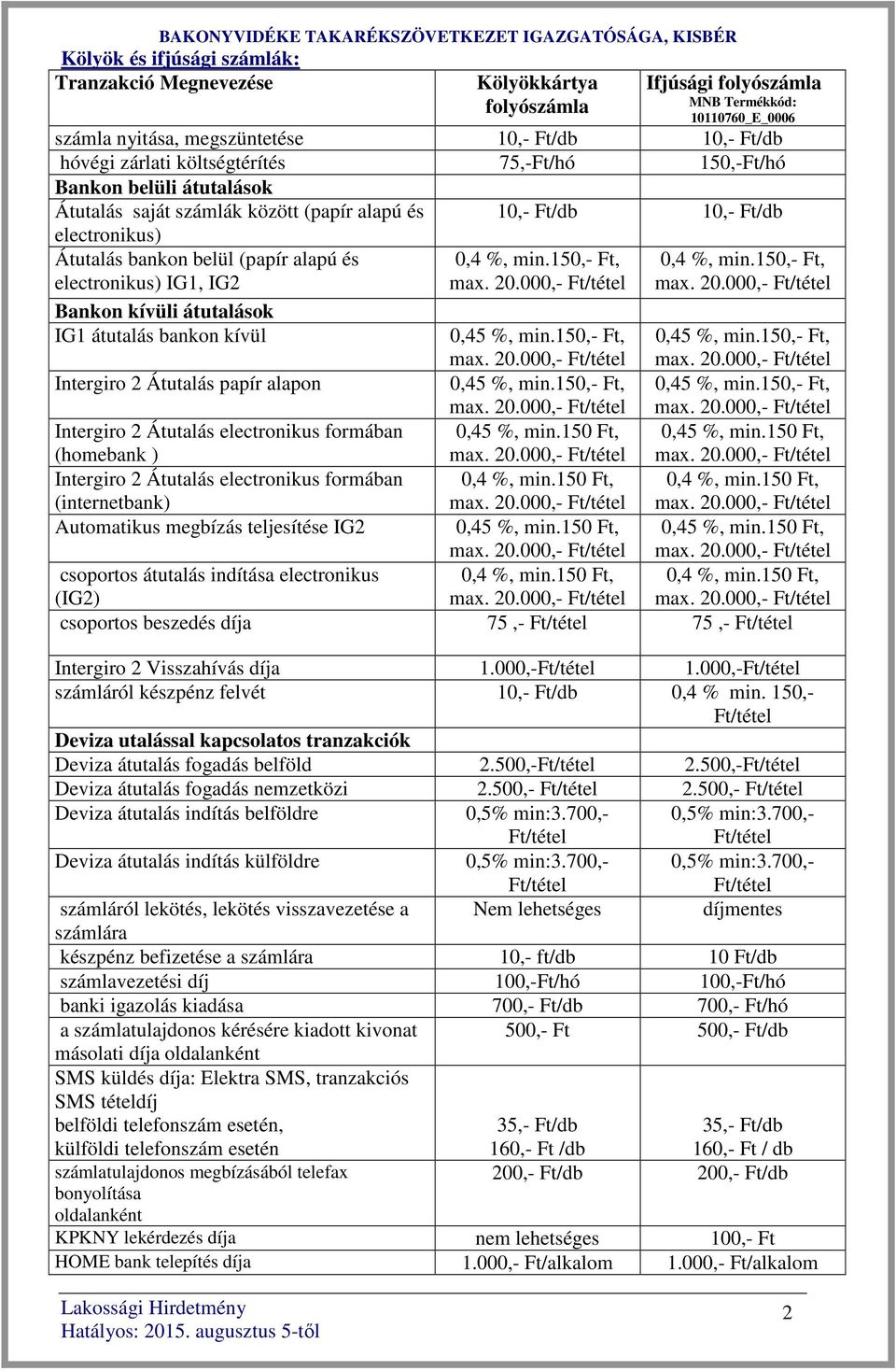 IG2 0,4 %, min.150,- Ft, 0,4 %, min.150,- Ft, Bankon kívüli átutalások IG1 átutalás bankon kívül 0,45 %, min.150,- Ft, 0,45 %, min.150,- Ft, Intergiro 2 Átutalás papír alapon 0,45 %, min.