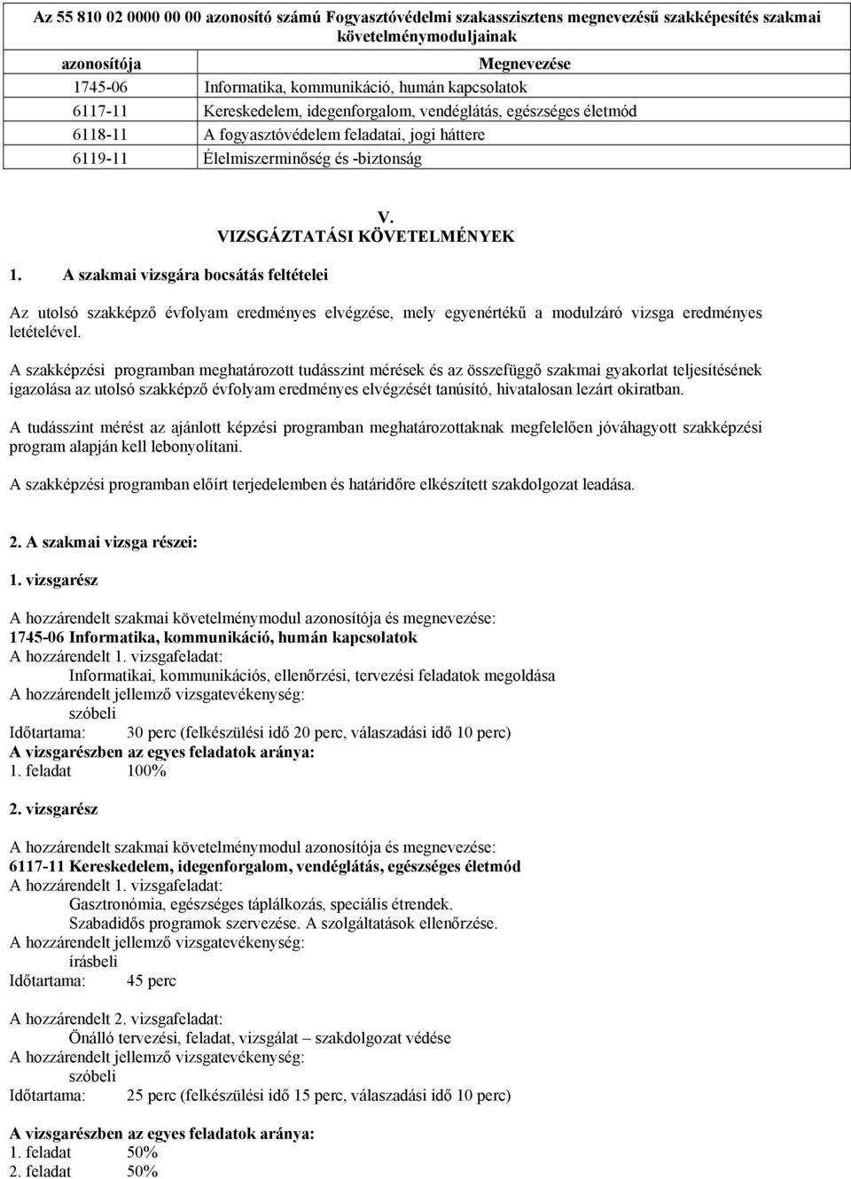 A szakmai vizsgára bocsátás feltételei V. VIZSGÁZTATÁSI KÖVETELMÉNYEK Az utolsó szakképző évfolyam eredményes elvégzése, mely egyenértékű a modulzáró vizsga eredményes letételével.