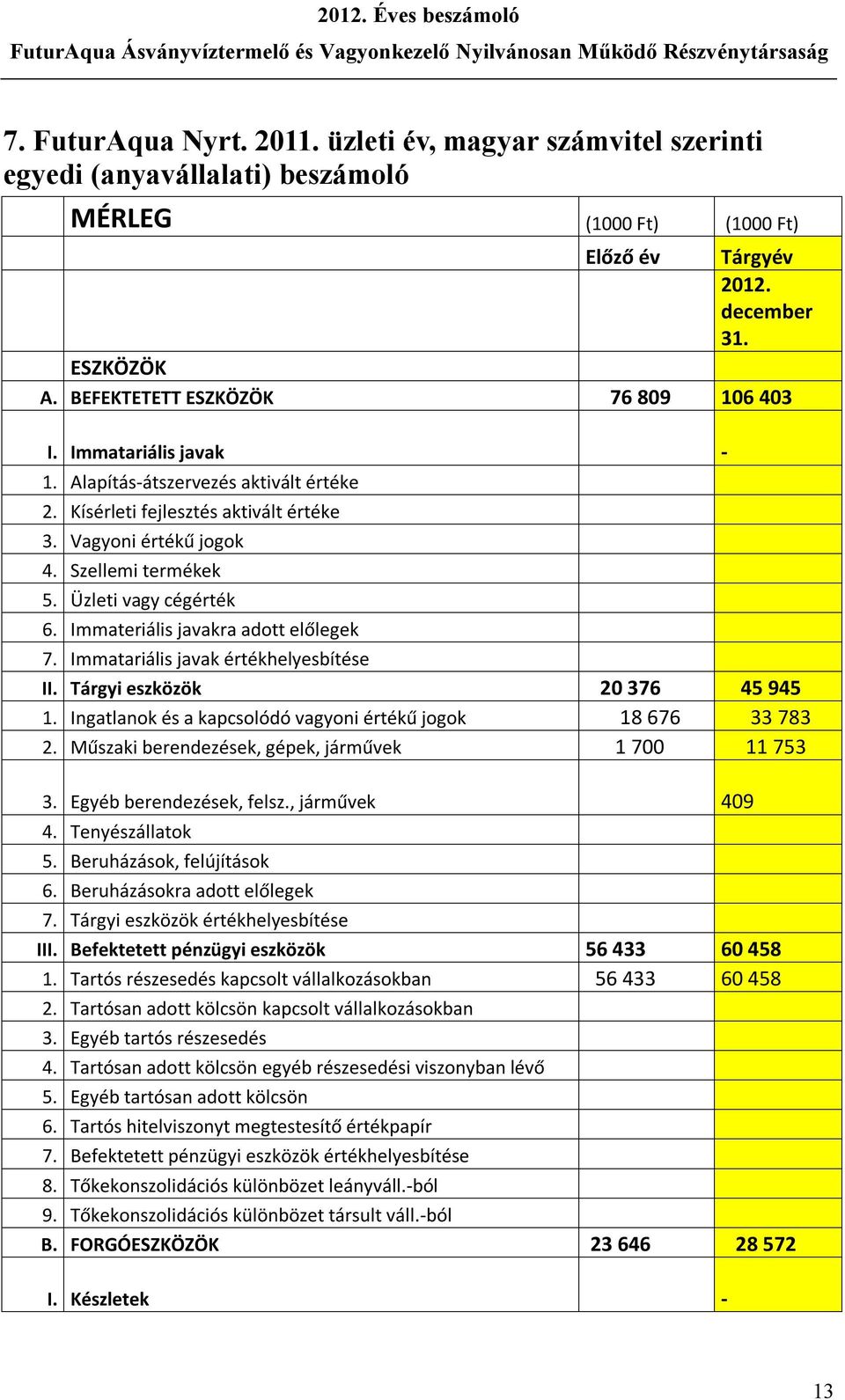 Üzleti vagy cégérték 6. Immateriális javakra adott előlegek 7. Immatariális javak értékhelyesbítése II. Tárgyi eszközök 20 376 45 945 1.