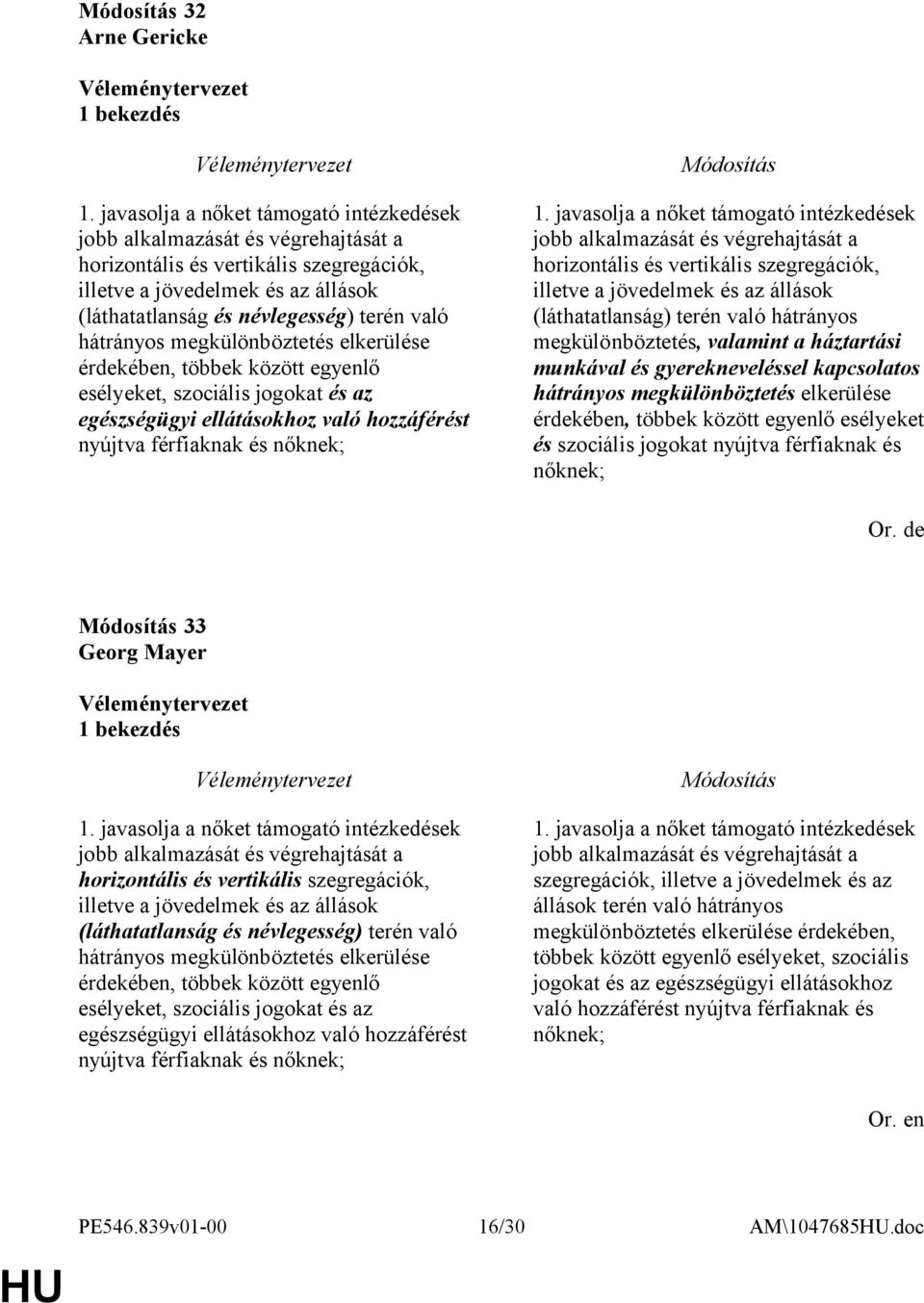 hátrányos megkülönböztetés elkerülése érdekében, többek között egyenlő esélyeket, szociális jogokat és az egészségügyi ellátásokhoz való hozzáférést nyújtva férfiaknak és nőknek; 1.