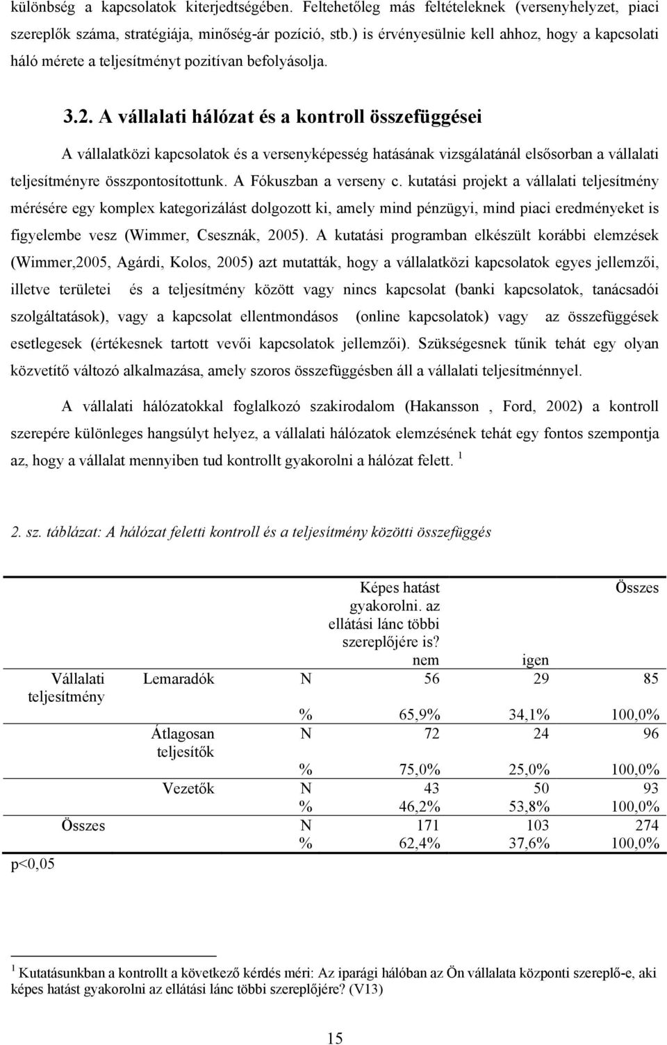 A vállalati hálózat és a kontroll összefüggései A vállalatközi kapcsolatok és a versenyképesség hatásának vizsgálatánál elsősorban a vállalati teljesítményre összpontosítottunk.