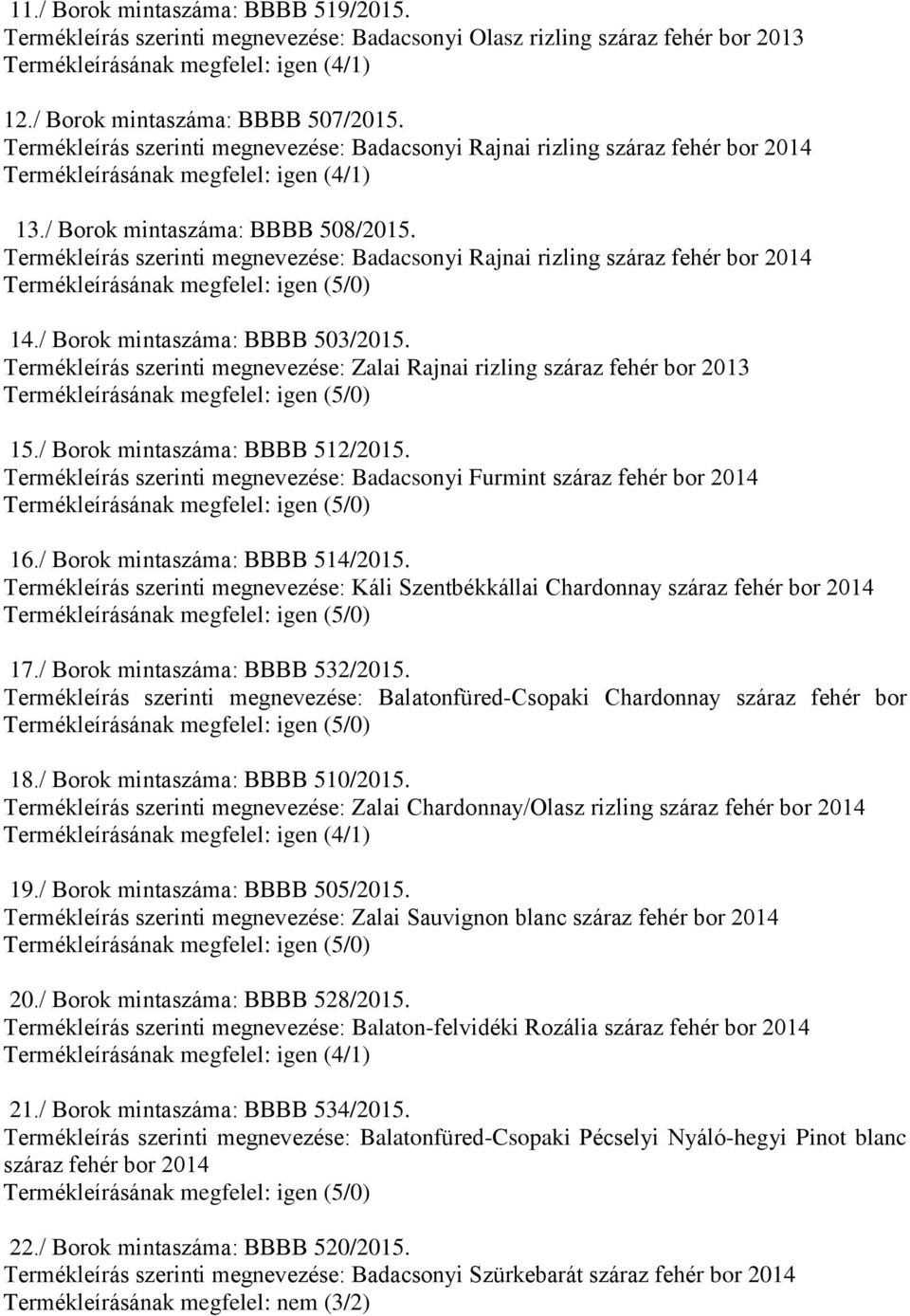 Termékleírás szerinti megnevezése: Badacsonyi Rajnai rizling száraz fehér bor 2014 14./ Borok mintaszáma: BBBB 503/2015.