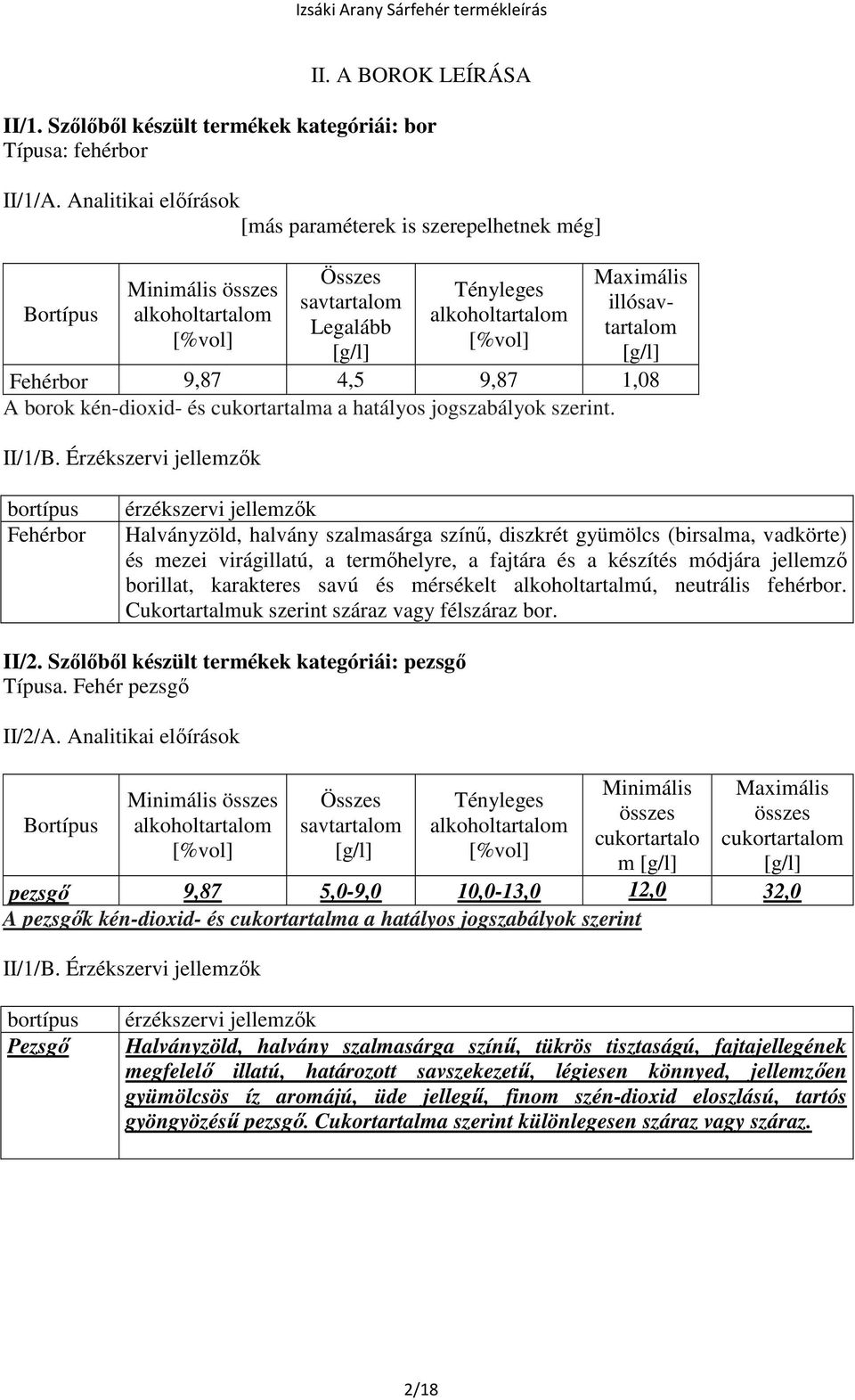 illósavtartalom [g/l] Fehérbor 9,87 4,5 9,87 1,08 A borok kén-dioxid- és cukortartalma a hatályos jogszabályok szerint. II/1/B.