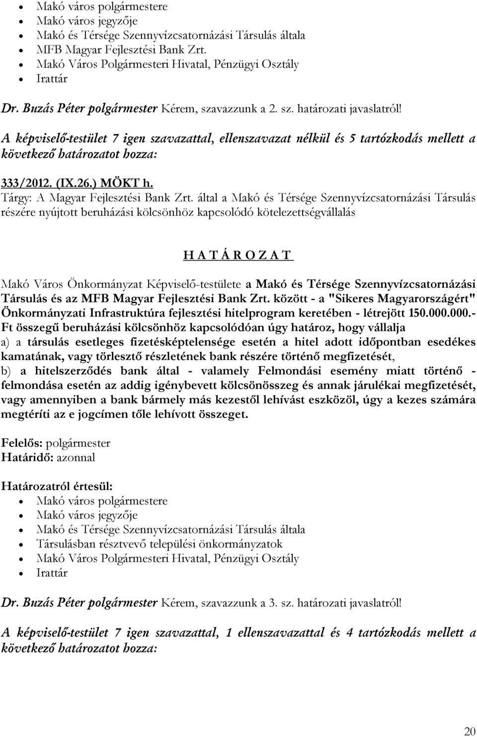 A képviselő-testület 7 igen szavazattal, ellenszavazat nélkül és 5 tartózkodás mellett a következő határozatot hozza: 333/2012. (IX.26.) MÖKT h. Tárgy: A Magyar Fejlesztési Bank Zrt.