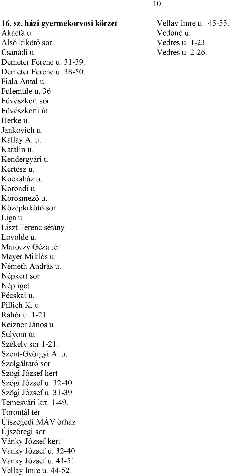 Németh András u. Népkert sor Népliget Pécskai u. Pillich K. u. Rahói u. 1-21. Reizner János u. Sulyom út Székely sor 1-21. Szent-Györgyi A. u. Szolgáltató sor Szögi József kert Szögi József u. 32-40.