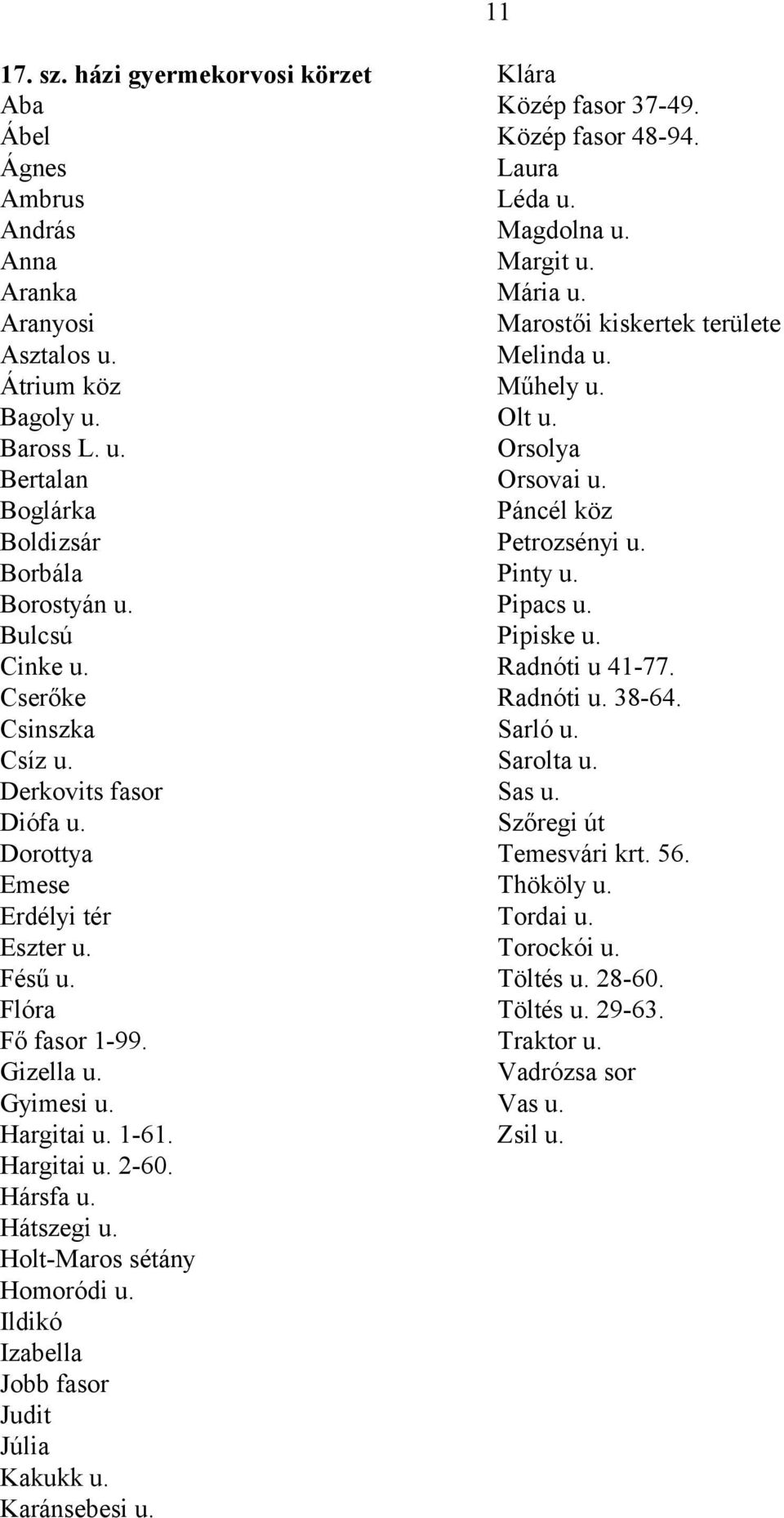 Holt-Maros sétány Homoródi u. Ildikó Izabella Jobb fasor Judit Júlia Kakukk u. Karánsebesi u. Klára Közép fasor 37-49. Közép fasor 48-94. Laura Léda u. Magdolna u. Margit u. Mária u.