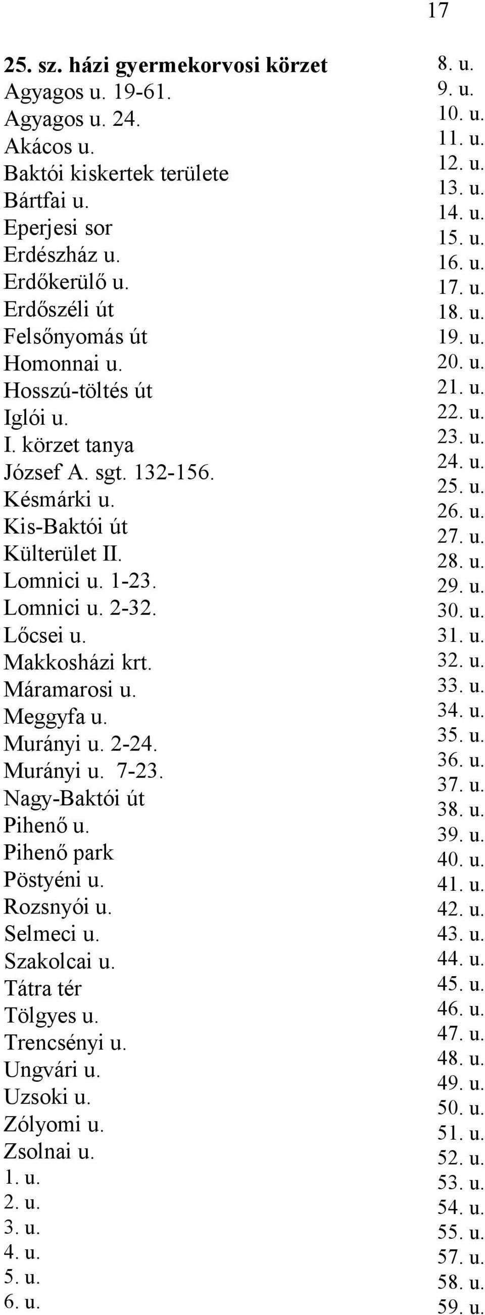 Murányi u. 2-24. Murányi u. 7-23. Nagy-Baktói út Pihenő u. Pihenő park Pöstyéni u. Rozsnyói u. Selmeci u. Szakolcai u. Tátra tér Tölgyes u. Trencsényi u. Ungvári u. Uzsoki u. Zólyomi u. Zsolnai u. 1.