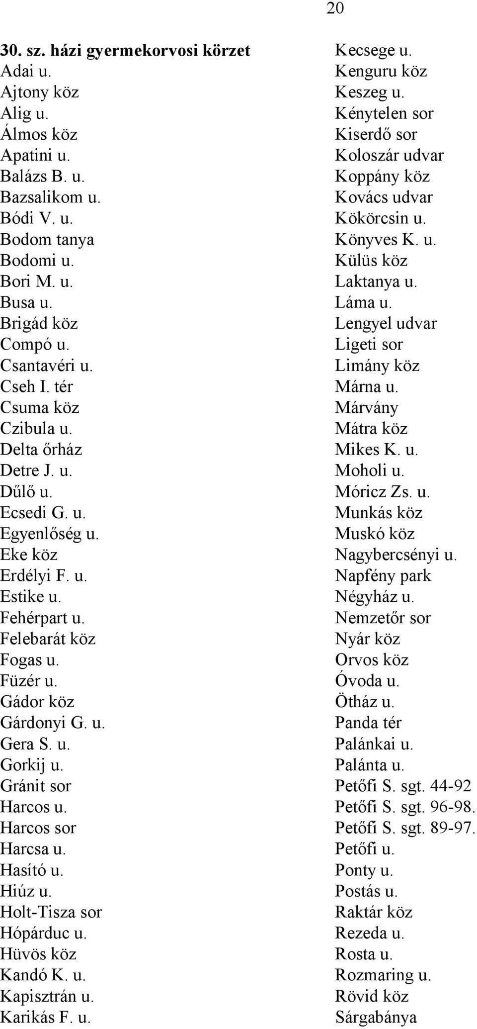 u. Gorkij u. Gránit sor Harcos u. Harcos sor Harcsa u. Hasító u. Hiúz u. Holt-Tisza sor Hópárduc u. Hüvös köz Kandó K. u. Kapisztrán u. Karikás F. u. Kecsege u. Kenguru köz Keszeg u.