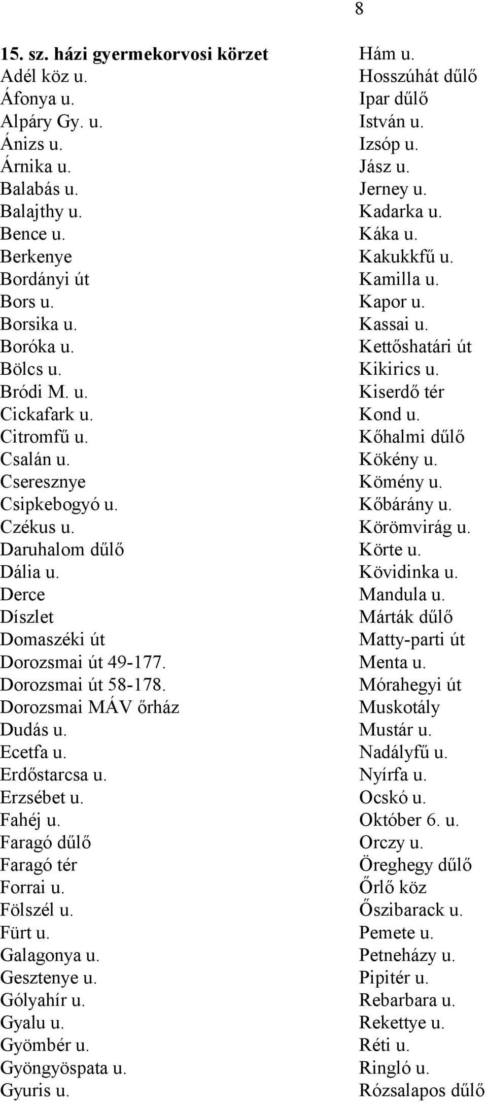 Erdőstarcsa u. Erzsébet u. Fahéj u. Faragó dűlő Faragó tér Forrai u. Fölszél u. Fürt u. Galagonya u. Gesztenye u. Gólyahír u. Gyalu u. Gyömbér u. Gyöngyöspata u. Gyuris u. Hám u.