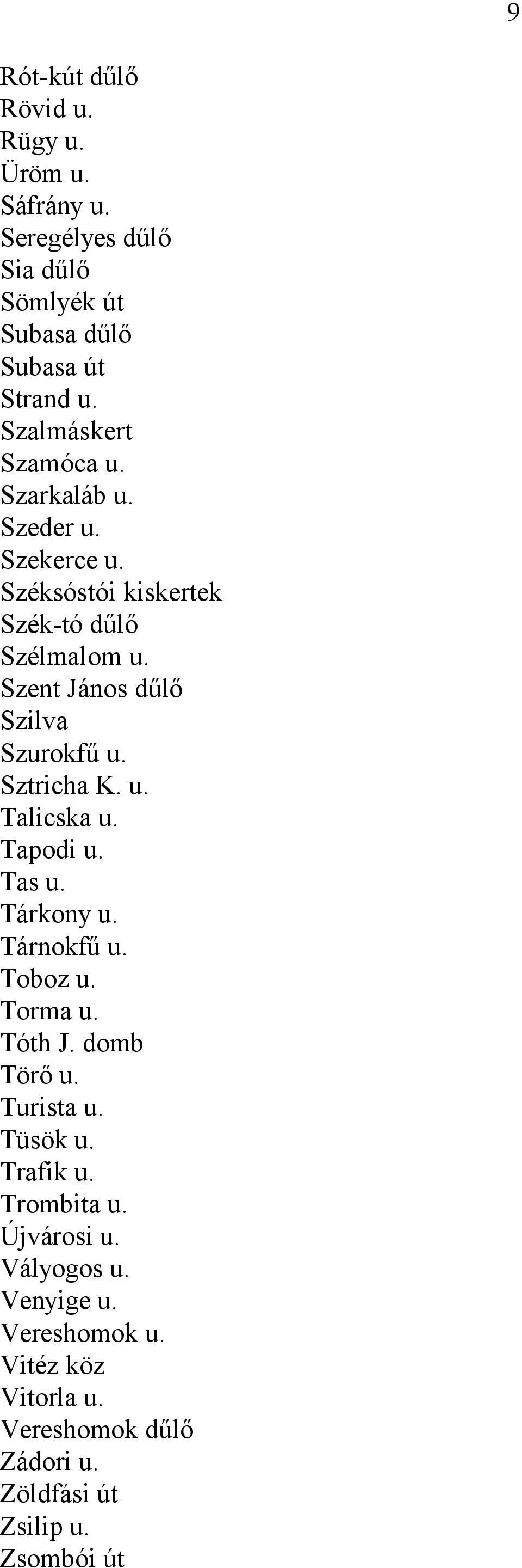 Szent János dűlő Szilva Szurokfű u. Sztricha K. u. Talicska u. Tapodi u. Tas u. Tárkony u. Tárnokfű u. Toboz u. Torma u. Tóth J.