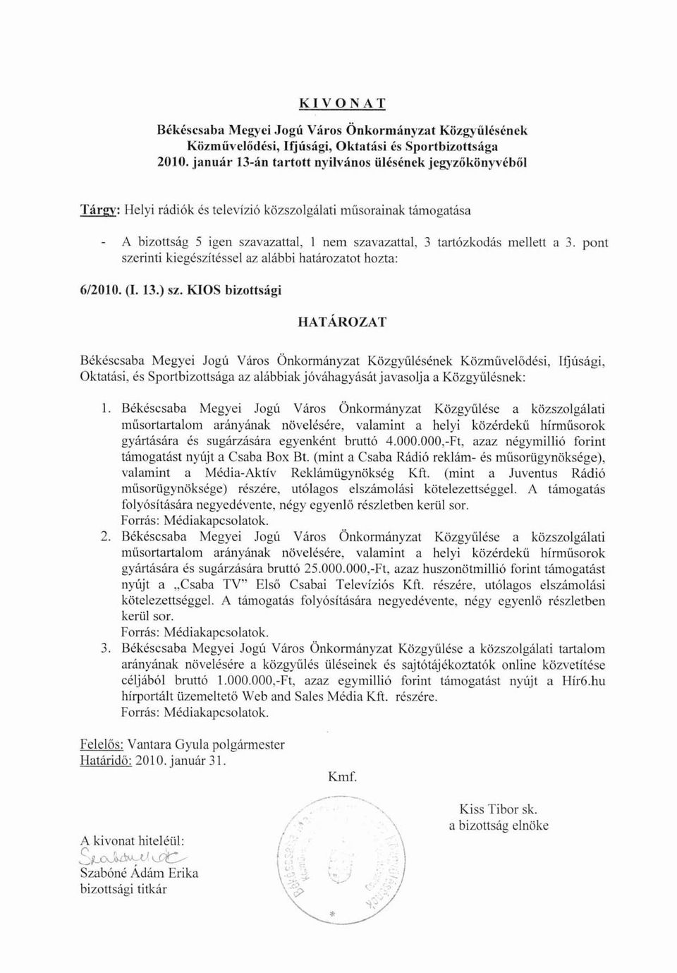 3. pont szerinti kiegészítéssel az alábbi határozatot hozta: 6/2010. (1.13.) sz.