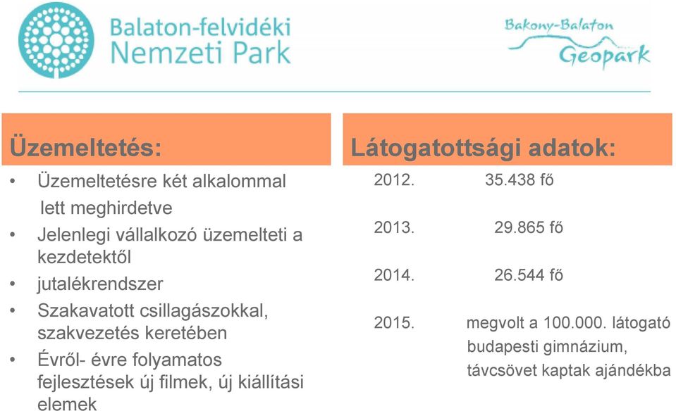 folyamatos fejlesztések új filmek, új kiállítási elemek Látogatottsági adatok: 2012. 35.