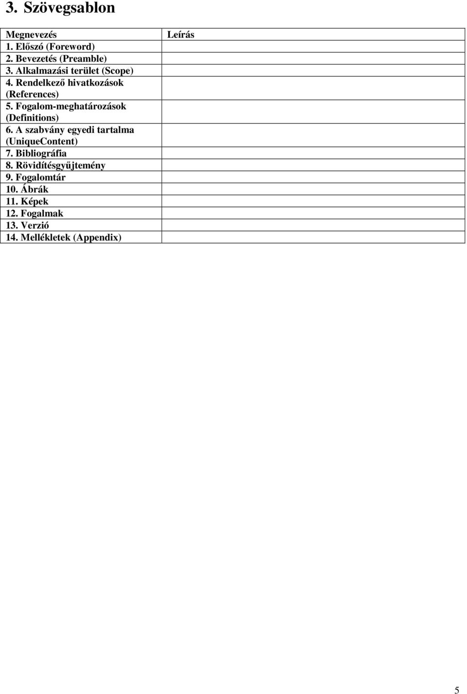 Fogalom-meghatározások (Definitions) 6. A szabvány egyedi tartalma (UniqueContent) 7.