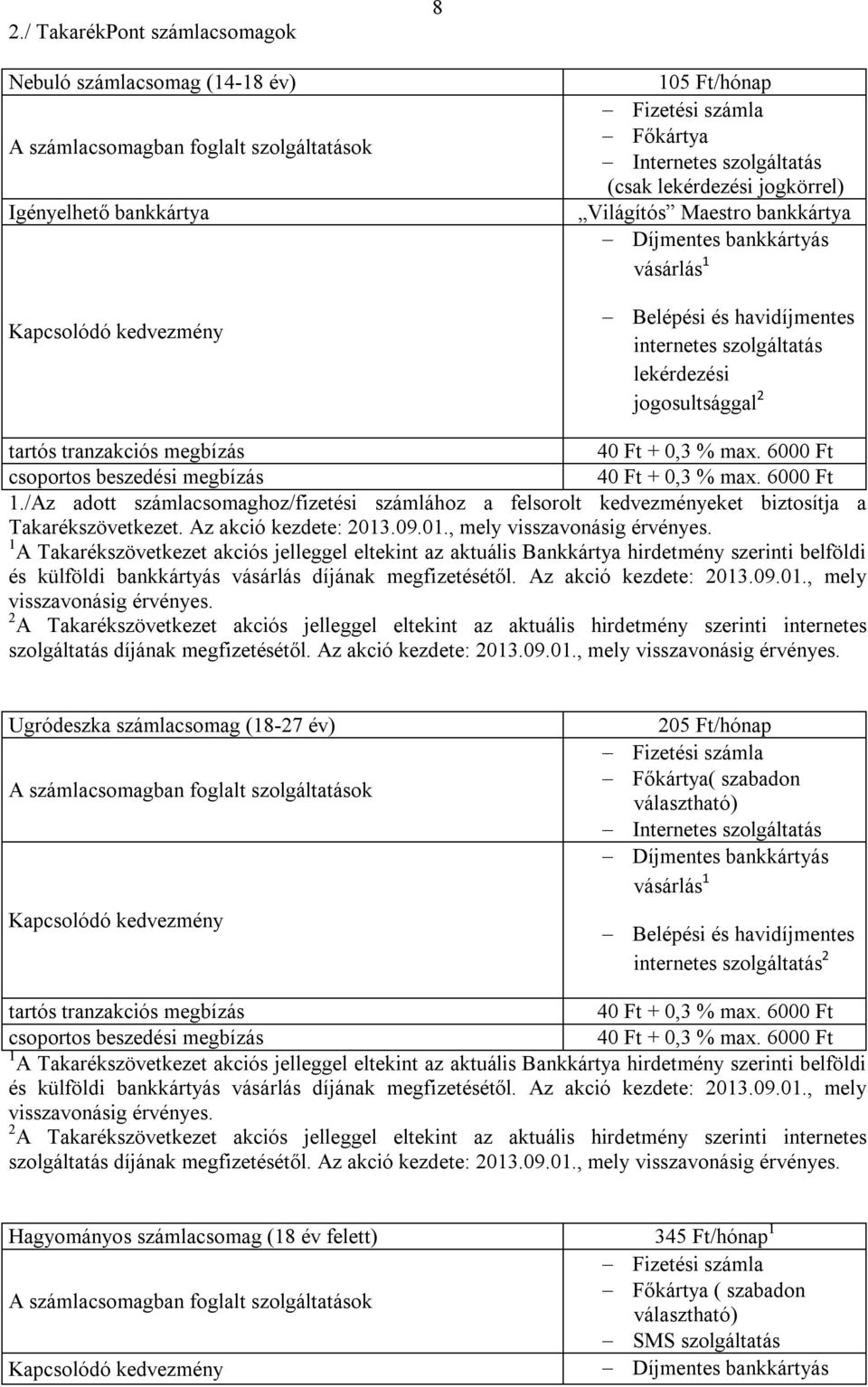 /Az adott számlacsomaghoz/fizetési számlához a felsorolt kedvezményeket biztosítja a Takarékszövetkezet. Az akció kezdete: 2013.09.01., mely visszavonásig érvényes.