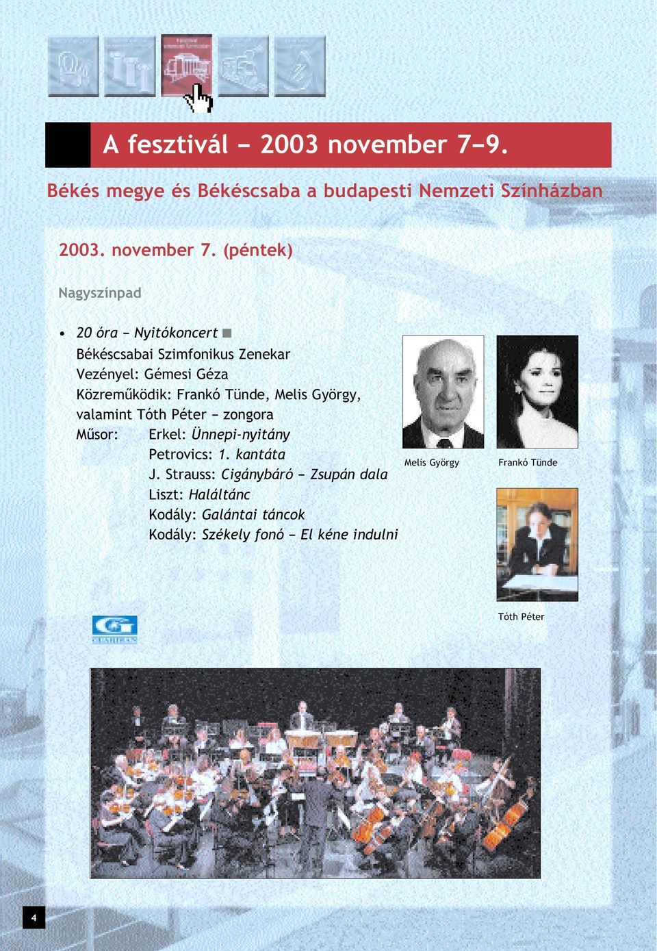 (péntek) Nagyszínpad 20 óra Nyitókoncert Békéscsabai Szimfonikus Zenekar Vezényel: Gémesi Géza Közremûködik: Frankó