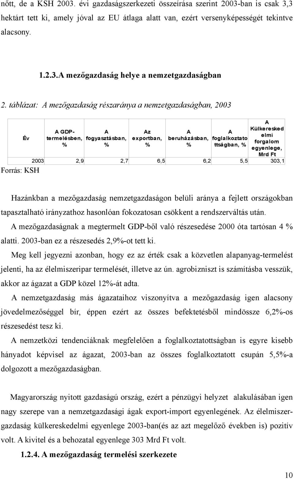 ttságban, % egyenlege, Mrd Ft 2003 2,9 2,7 6,5 6,2 5,5 303,1 Hazánkban a mezőgazdaság nemzetgazdaságon belüli aránya a fejlett országokban tapasztalható irányzathoz hasonlóan fokozatosan csökkent a