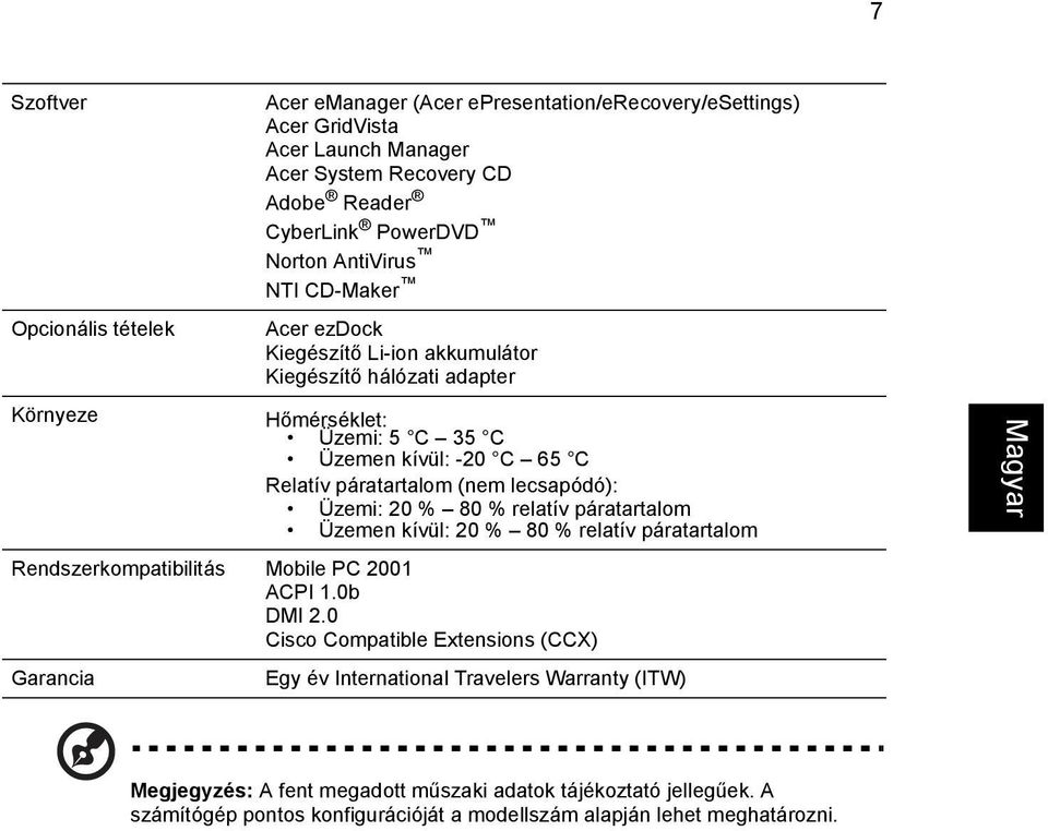 lecsapódó): Üzemi: 20 % 80 % relatív páratartalom Üzemen kívül: 20 % 80 % relatív páratartalom Rendszerkompatibilitás Mobile PC 2001 ACPI 1.0b DMI 2.