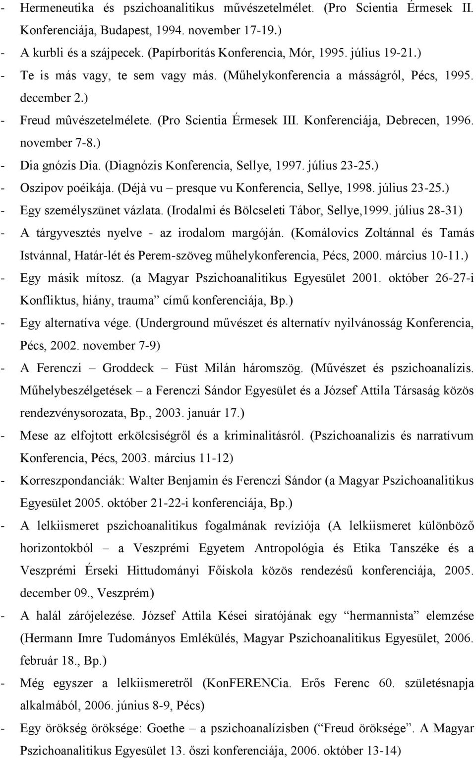 november 7-8.) - Dia gnózis Dia. (Diagnózis Konferencia, Sellye, 1997. július 23-25.) - Oszipov poéikája. (Déjà vu presque vu Konferencia, Sellye, 1998. július 23-25.) - Egy személyszünet vázlata.