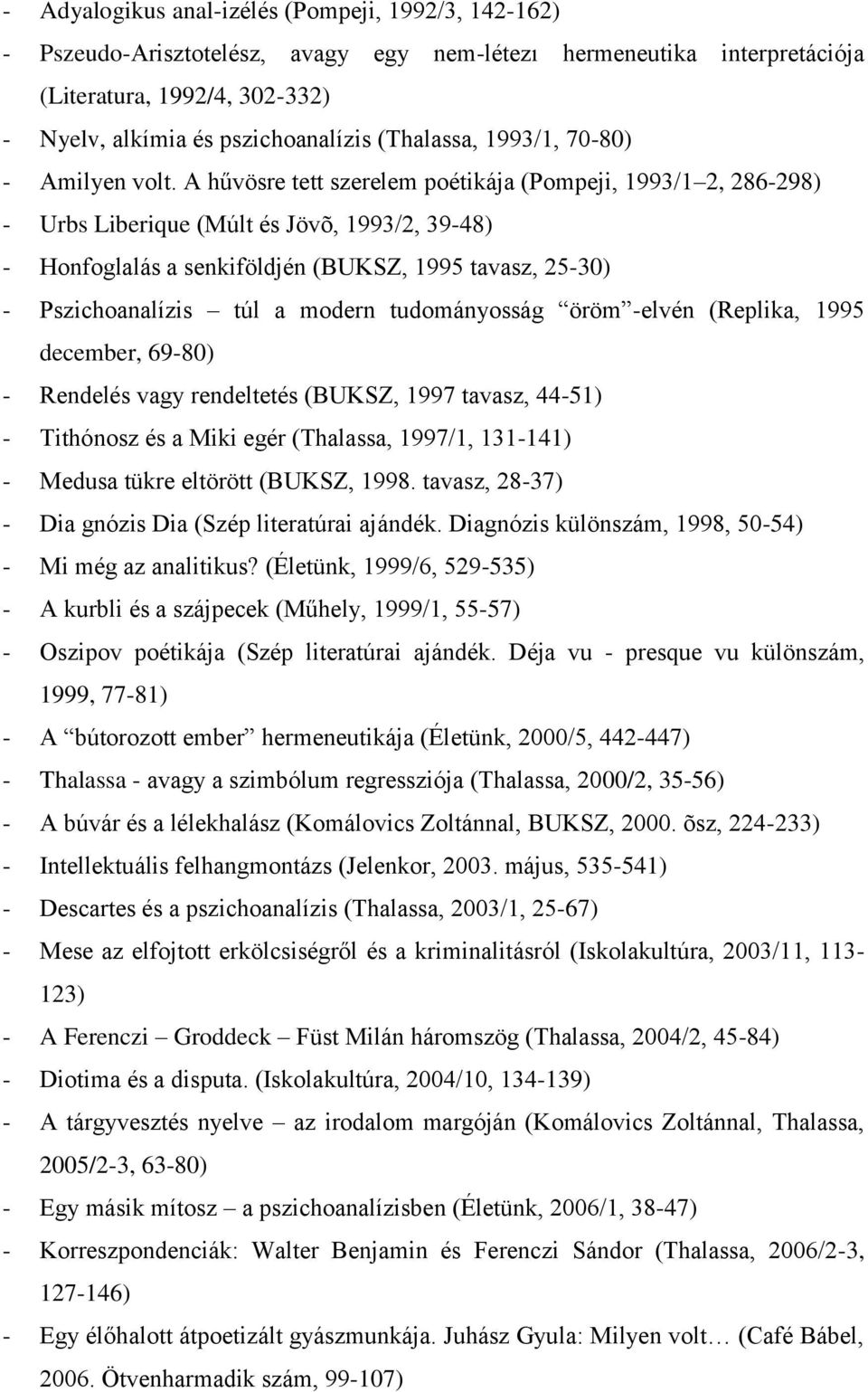 A hűvösre tett szerelem poétikája (Pompeji, 1993/1 2, 286-298) - Urbs Liberique (Múlt és Jövõ, 1993/2, 39-48) - Honfoglalás a senkiföldjén (BUKSZ, 1995 tavasz, 25-30) - Pszichoanalízis túl a modern