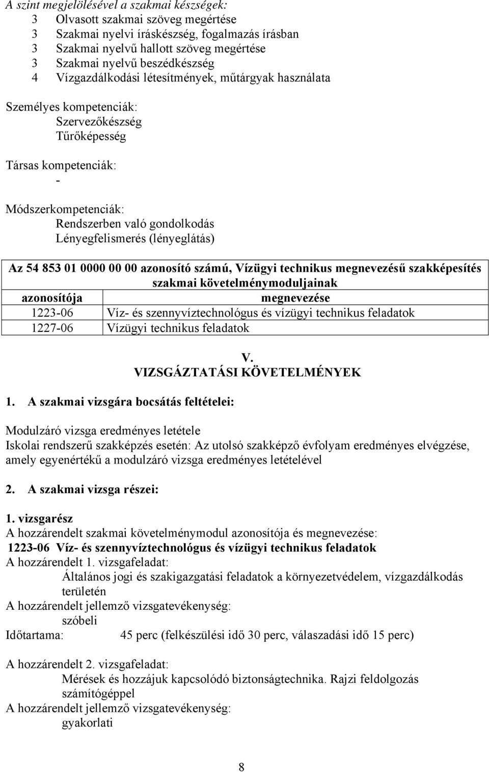 Lényegfelismerés (lényeglátás) Az 54 853 01 0000 00 00 azonosító számú, Vízügyi technikus megnevezésű szakképesítés szakmai követelménymoduljainak azonosítója megnevezése 1223-06 Víz- és