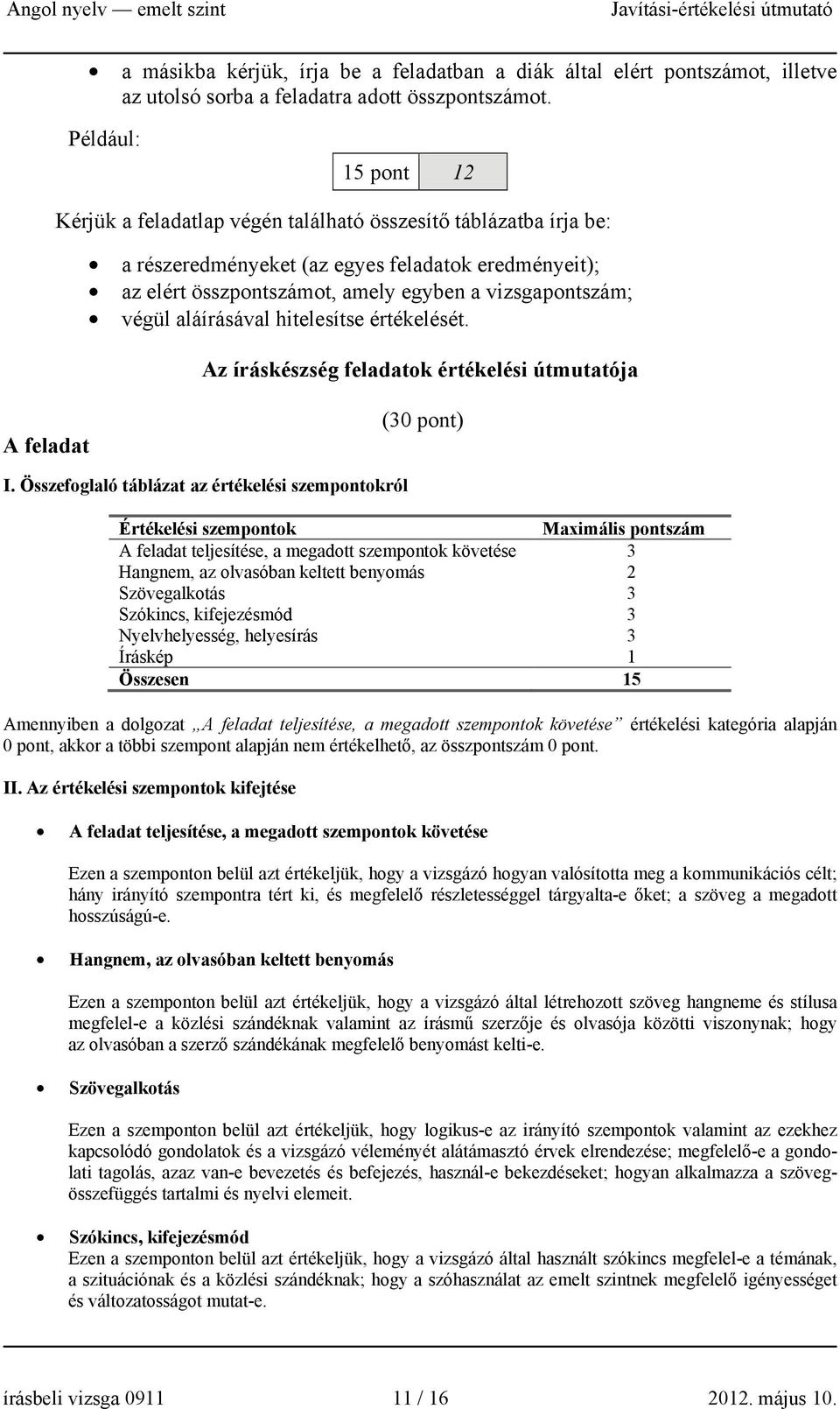 végül aláírásával hitelesítse értékelését. Az íráskészség feladatok értékelési útmutatója A feladat (30 pont) I.