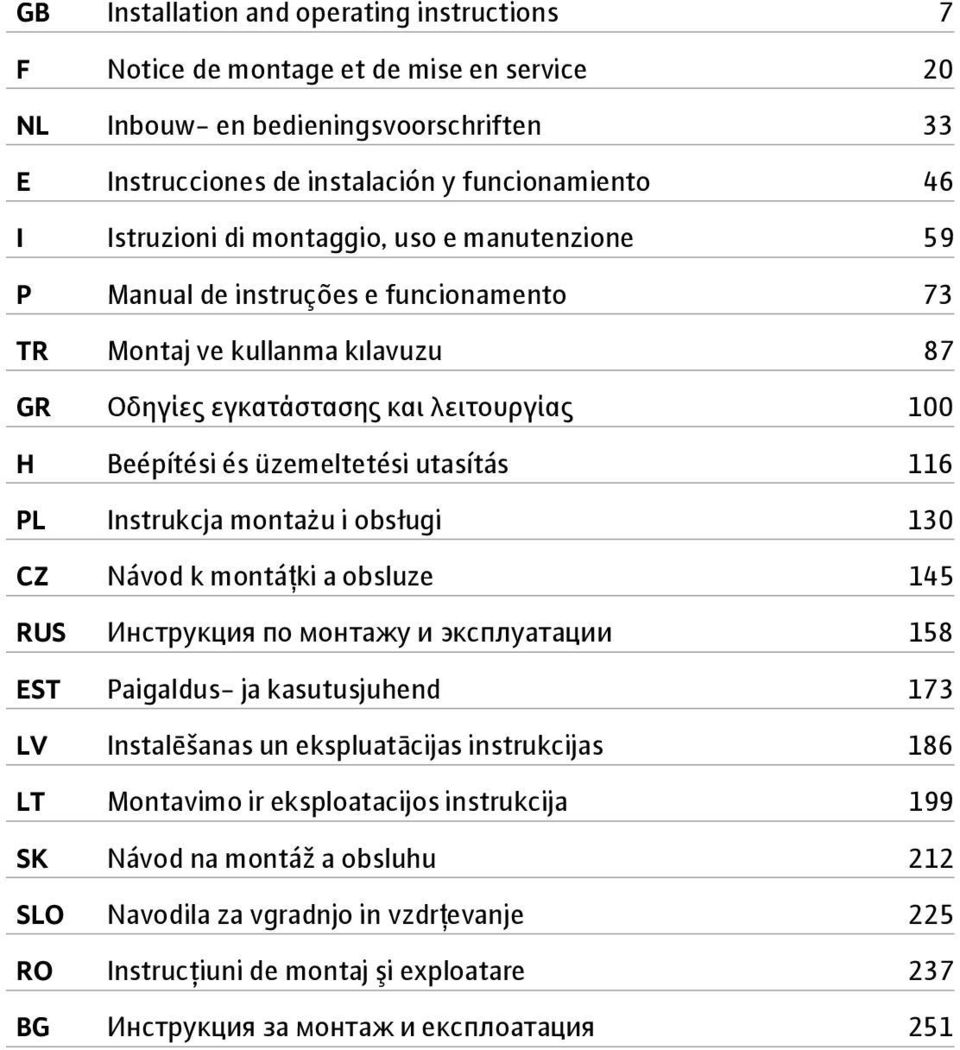 Instrukcja montażu i obsługi 130 CZ Návod k montáţki a obsluze 145 RUS Инструкция по монтажу и эксплуатации 158 EST Paigaldus- ja kasutusjuhend 173 LV Instalēšanas un ekspluatācijas instrukcijas 186