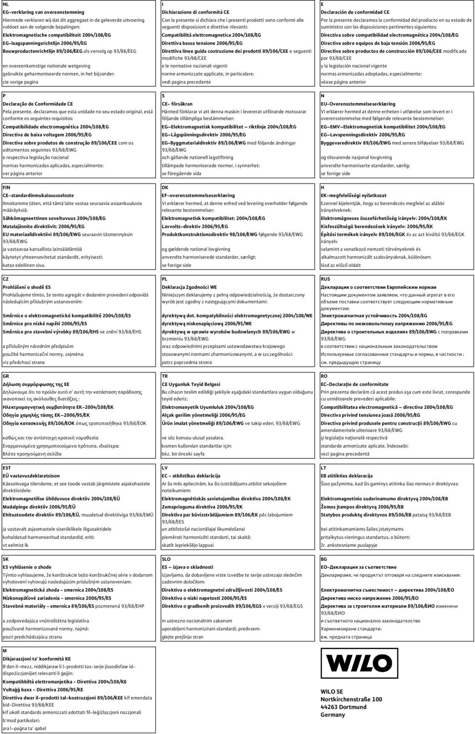 suministro con las disposiciones pertinentes siguientes: Elektromagnetische compatibiliteit 2004/108/EG Compatibilità elettromagnetica 2004/108/EG Directiva sobre compatibilidad electromagnética