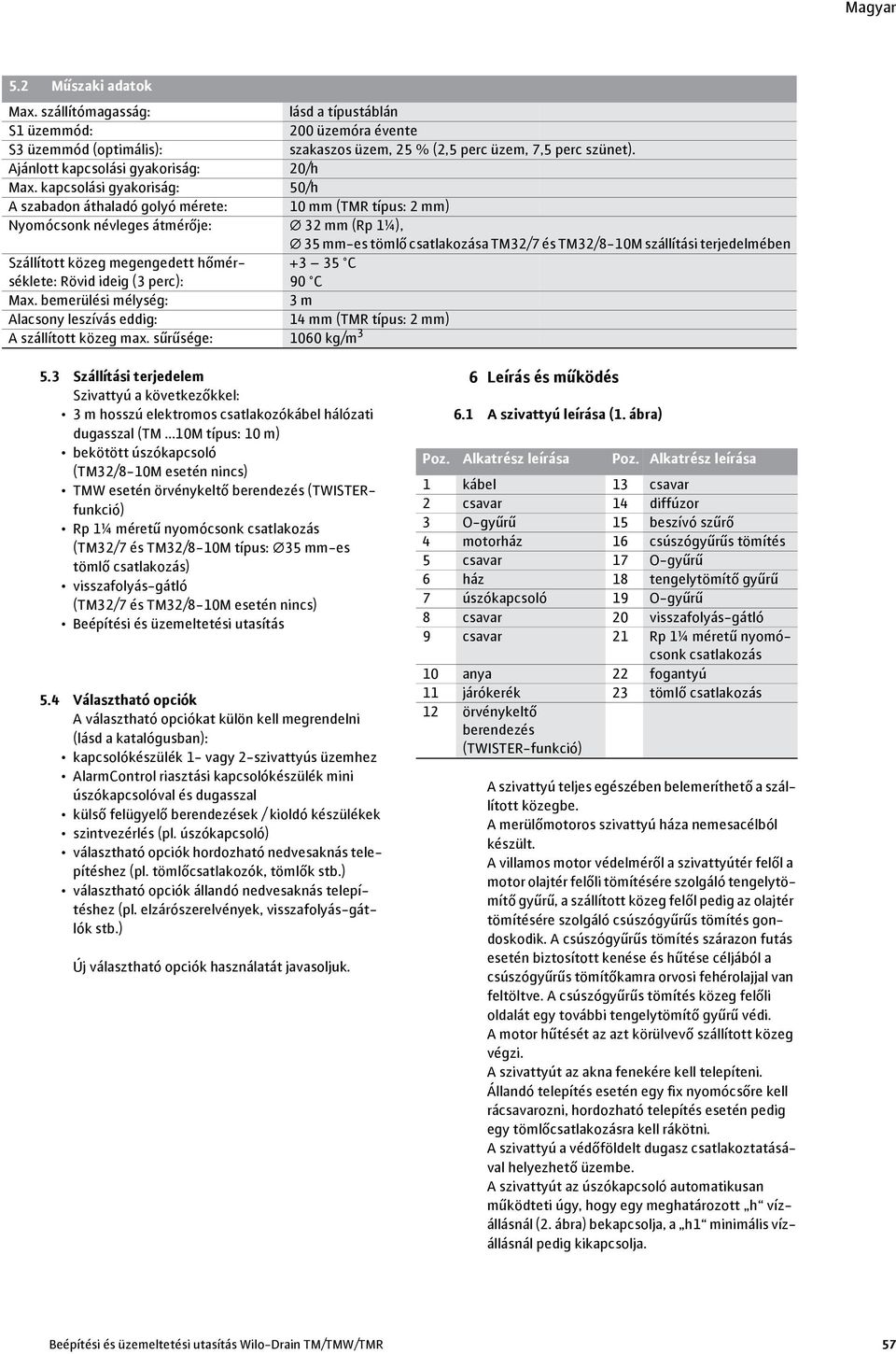 kapcsolási gyakoriság: 50/h A szabadon áthaladó golyó mérete: 10 mm (TMR típus: 2 mm) Nyomócsonk névleges átmérője: 32 mm (Rp 1¼), 35 mm-es tömlő csatlakozása TM32/7 és TM32/8-10M szállítási