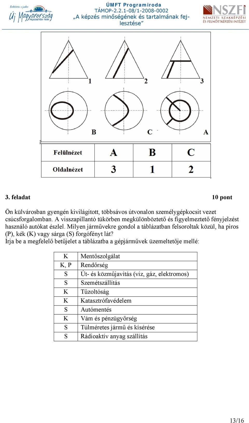 Milyen járművekre gondol a táblázatban felsoroltak közül, ha piros (P), kék (K) vagy sárga (S) forgófényt lát?