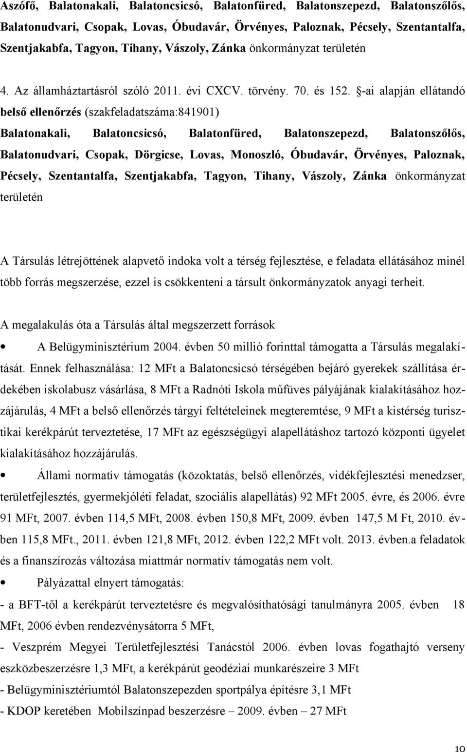 -ai alapján ellátandó belső ellenőrzés (szakfeladatszáma:841901) Balatonakali, Balatoncsicsó, Balatonfüred, Balatonszepezd, Balatonszőlős, Balatonudvari, Csopak, Dörgicse, Lovas, Monoszló, Óbudavár,