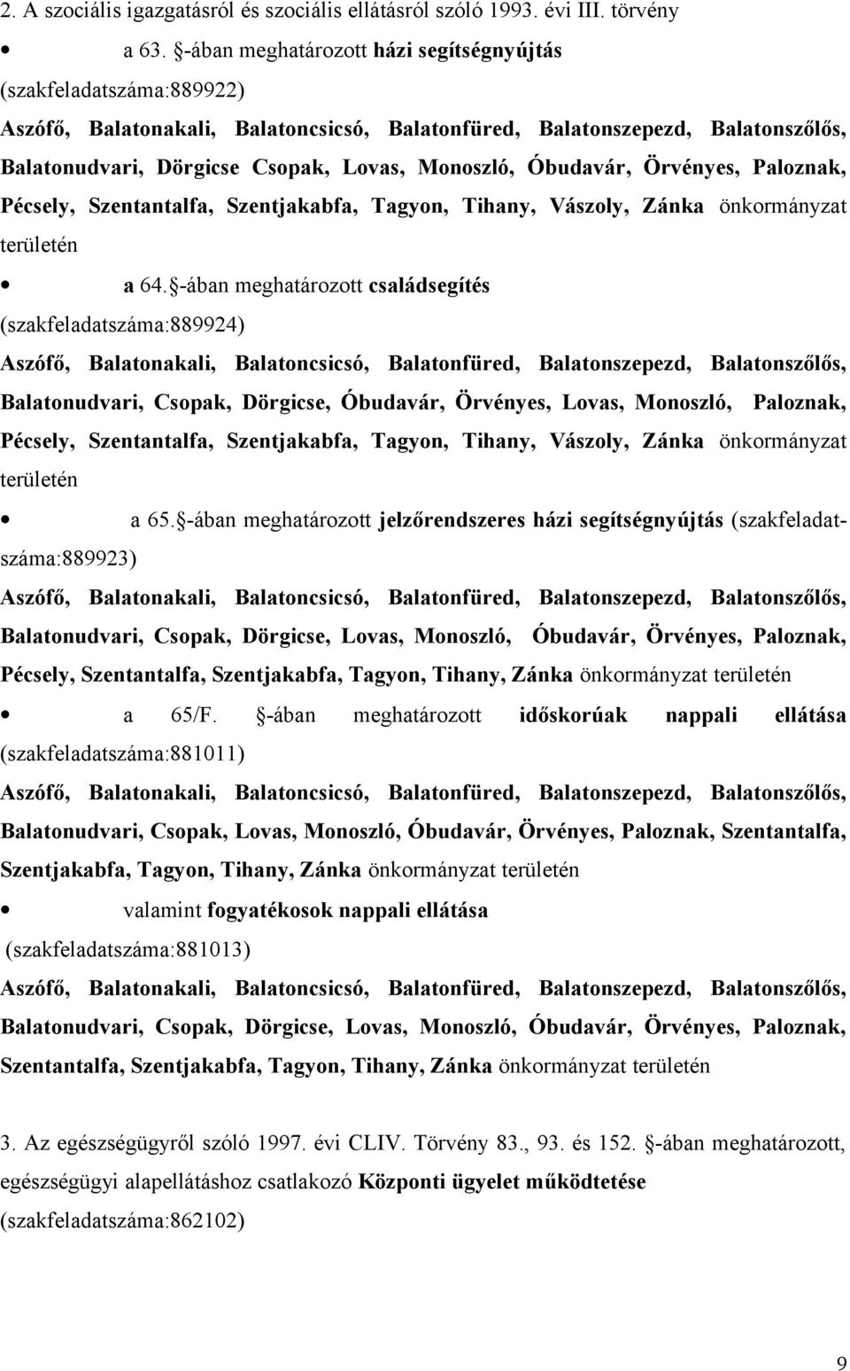 Óbudavár, Örvényes, Paloznak, Pécsely, Szentantalfa, Szentjakabfa, Tagyon, Tihany, Vászoly, Zánka önkormányzat területén a 64.
