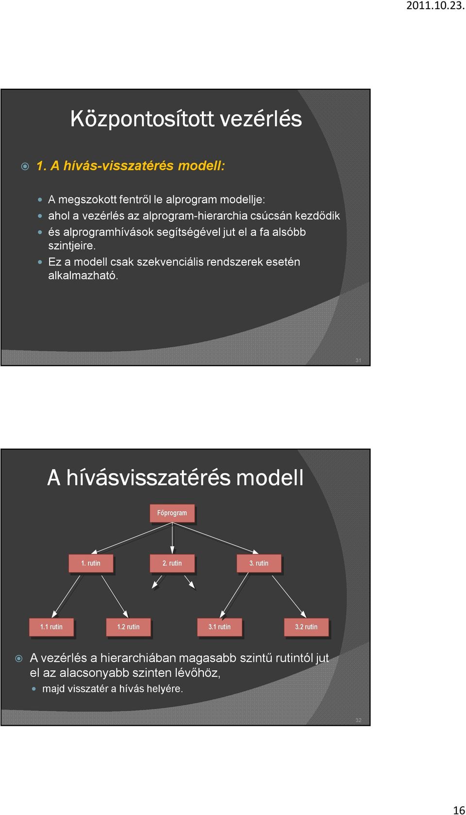 alprogram-hierarchia csúcsán kezdődik és alprogramhívások segítségével jut el a fa alsóbb szintjeire.