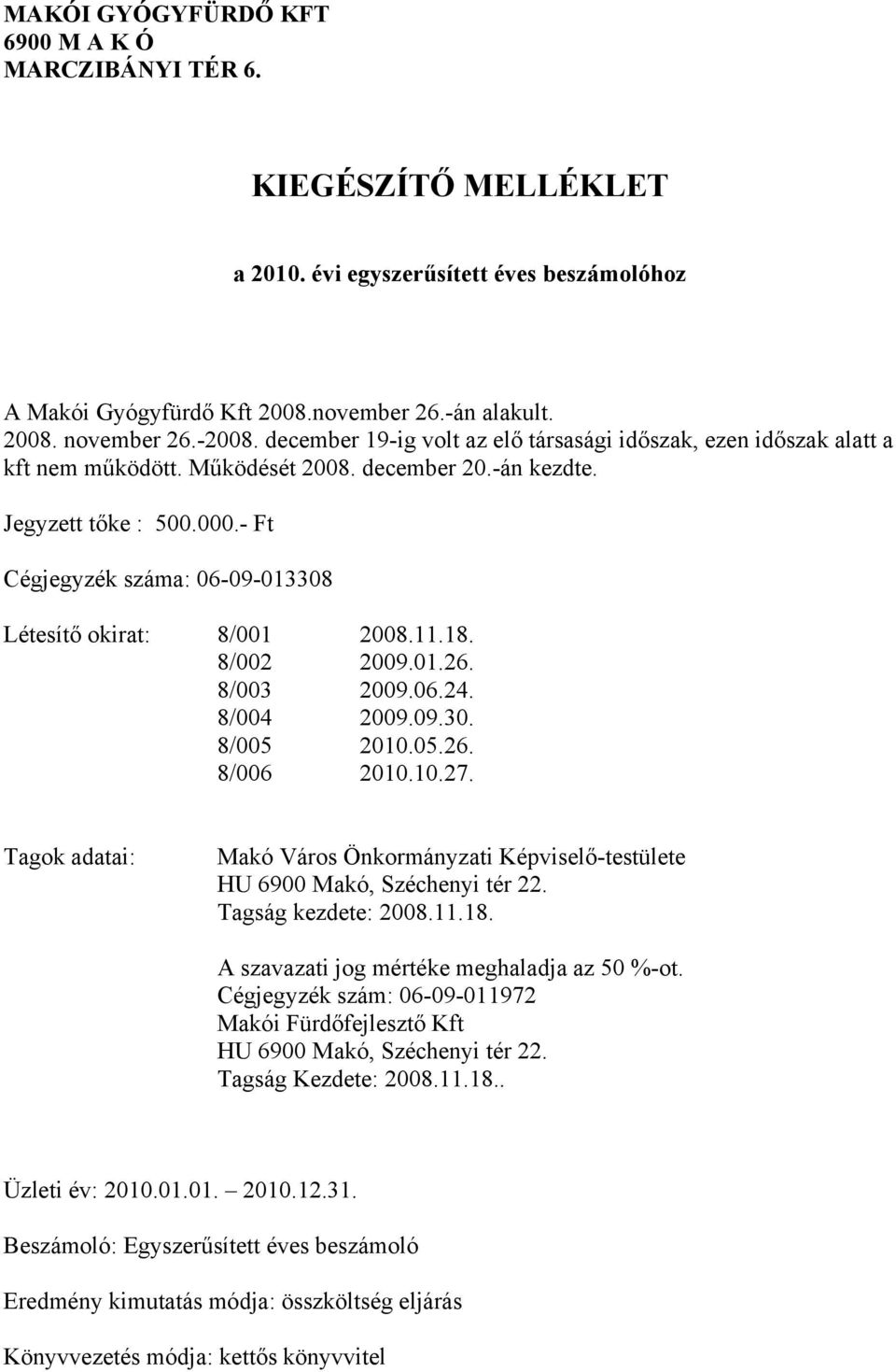 - Ft Cégjegyzék száma: 06-09-013308 Létesítő okirat: 8/001 2008.11.18. 8/002 2009.01.26. 8/003 2009.06.24. 8/004 2009.09.30. 8/005 2010.05.26. 8/006 2010.10.27.