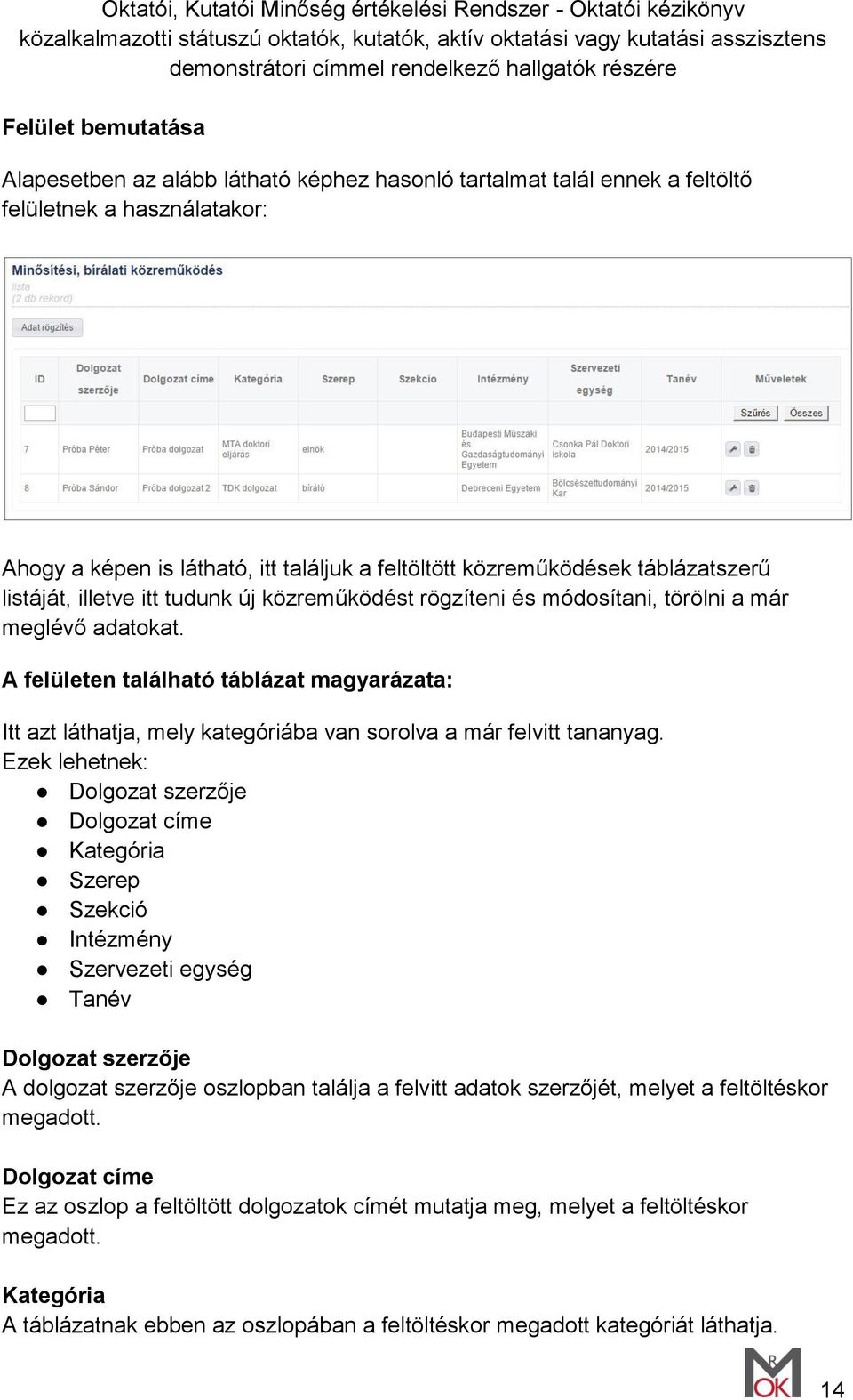 A felületen található táblázat magyarázata: Itt azt láthatja, mely kategóriába van sorolva a már felvitt tananyag.