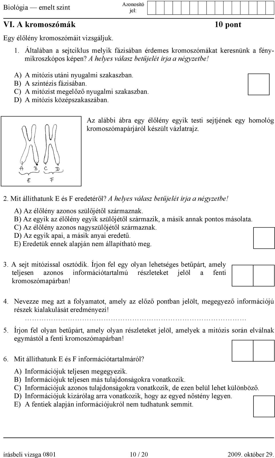 Az alábbi ábra egy élőlény egyik testi sejtjének egy homológ kromoszómapárjáról készült vázlatrajz. 2. Mit állíthatunk E és F eredetéről? A helyes válasz betűjelét írja a négyzetbe!