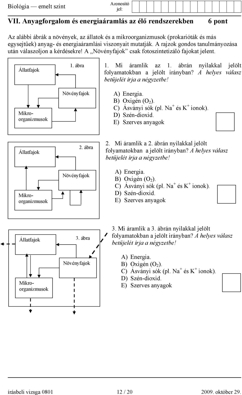 ábrán nyilakkal jelölt folyamatokban a jelölt irányban? A helyes válasz betűjelét írja a négyzetbe! A) Energia. B) Oxigén (O 2 ). C) Ásványi sók (pl. Na + és K + ionok). D) Szén-dioxid.