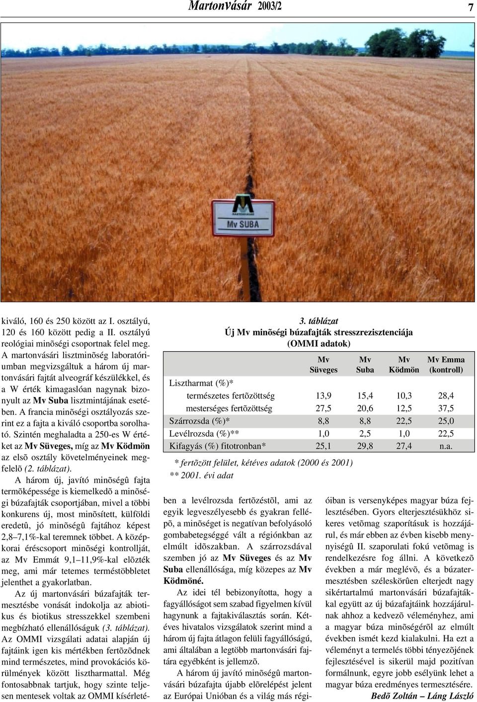 fertõzöttség 27,5 20,6 12,5 37,5 Szárrozsda (%)* 8,8 8,8 22,5 25,0 Levélrozsda (%)** 1,0 2,5 1,0 22,5 Kifagyás (%) fitotronban* 25,1 29,8 27,4 n.a. * fertõzött felület, kétéves adatok (2000 és 2001) ** 2001.