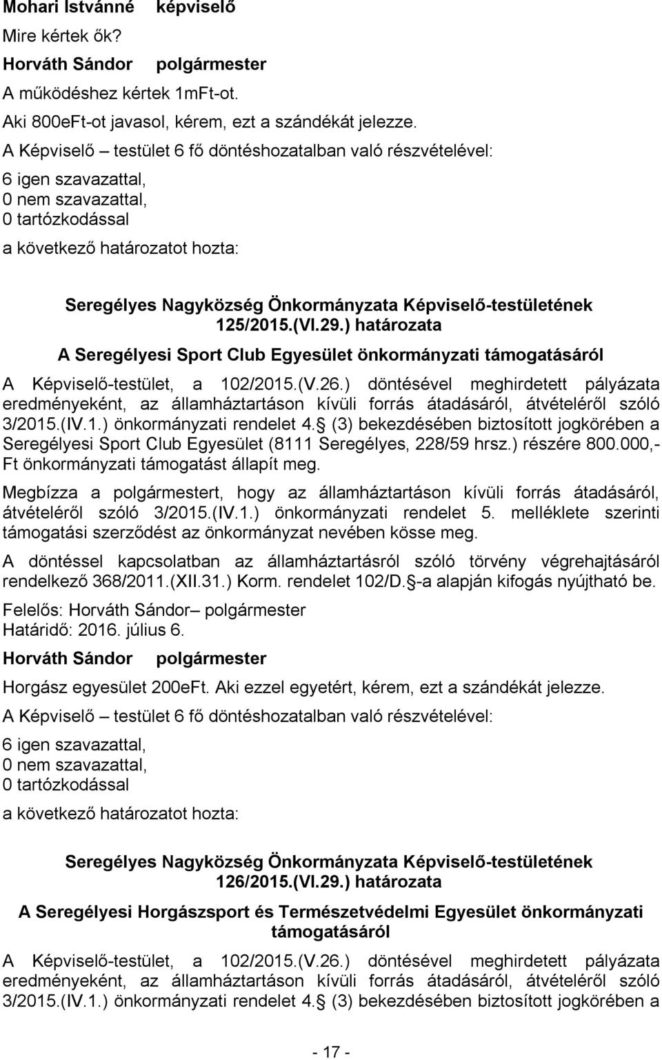 ) döntésével meghirdetett pályázata eredményeként, az államháztartáson kívüli forrás átadásáról, átvételéről szóló 3/2015.(IV.1.) önkormányzati rendelet 4.