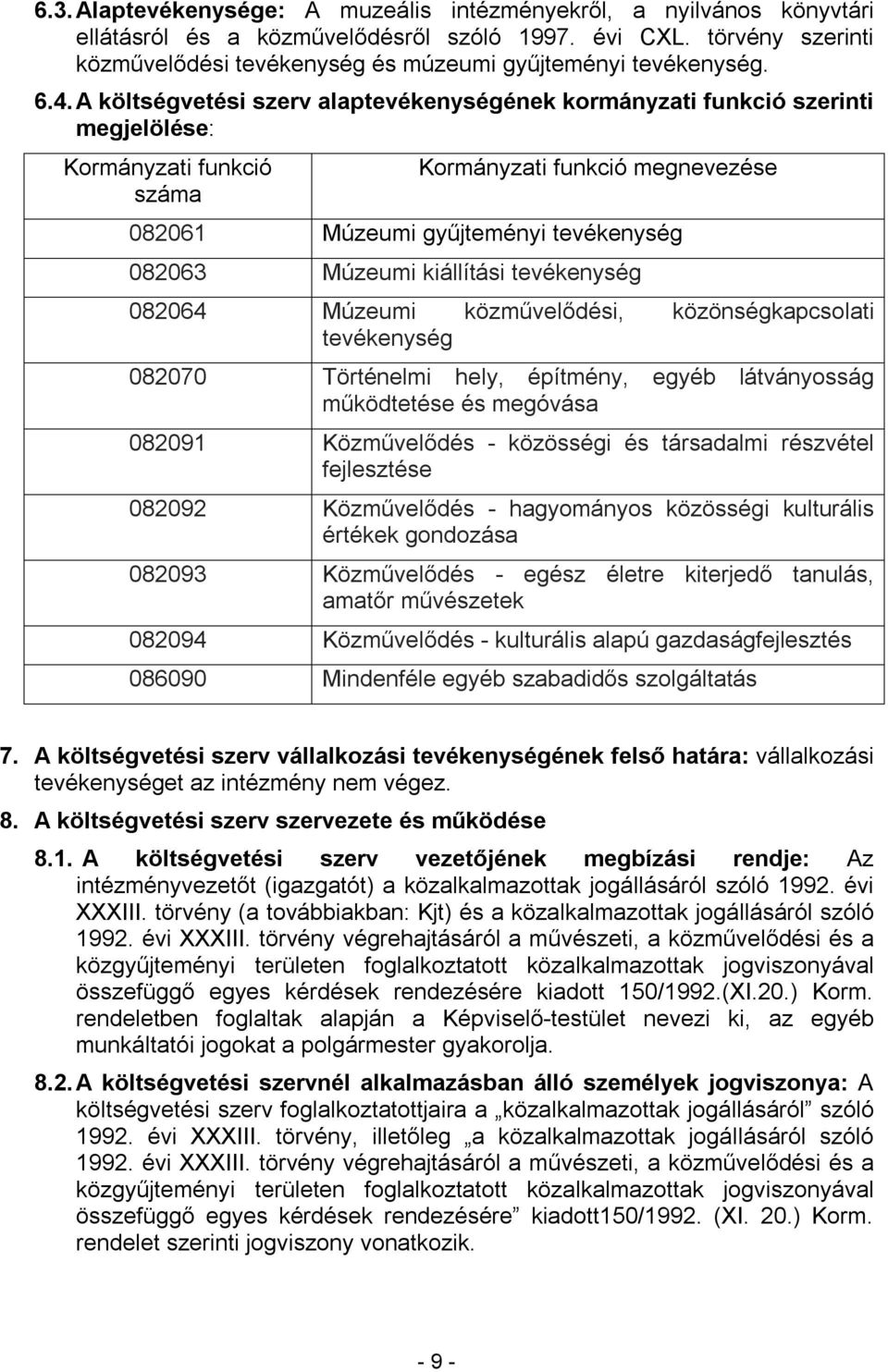 A költségvetési szerv alaptevékenységének kormányzati funkció szerinti megjelölése: Kormányzati funkció száma Kormányzati funkció megnevezése 082061 Múzeumi gyűjteményi tevékenység 082063 Múzeumi